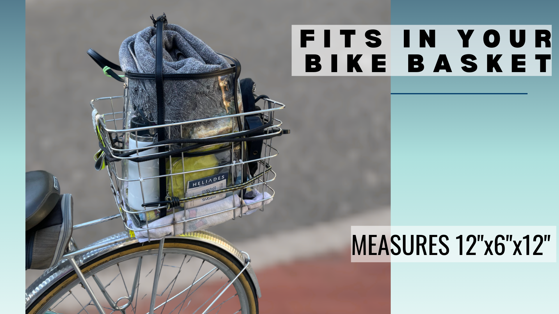 The Heli Designer Clear Bag is stadium approved and fits in your bike basket. Measures 12"x5"x12"
