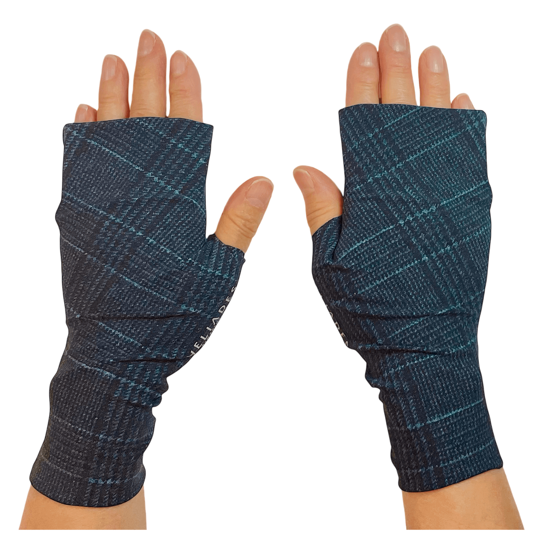 Gloves for sun protection in blue plaid fashion print made in USA by Heliades