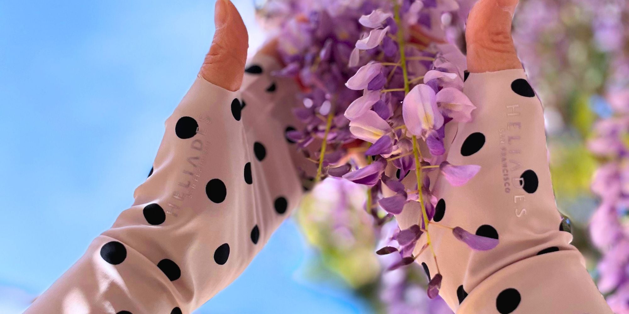 Woman wearing Heliades UPF50+ pink polka-dot sun gloves, holding wisteria. Fashionable UV protective clothing.