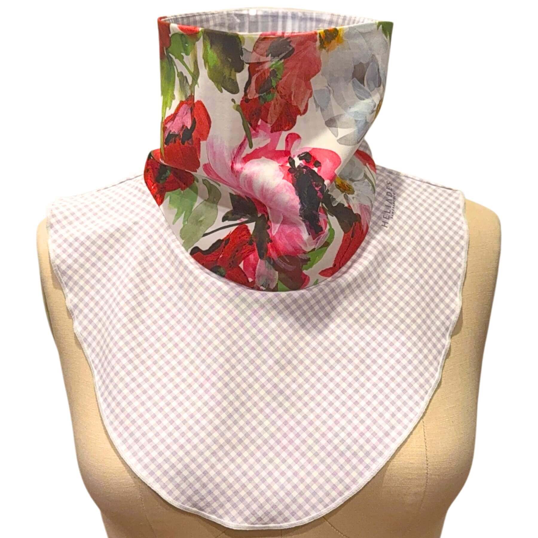Elegant UPF50+ Sun Dickey neck protector sun solution shown in lavender, white micro check with floral print in red, pink, green and white.
