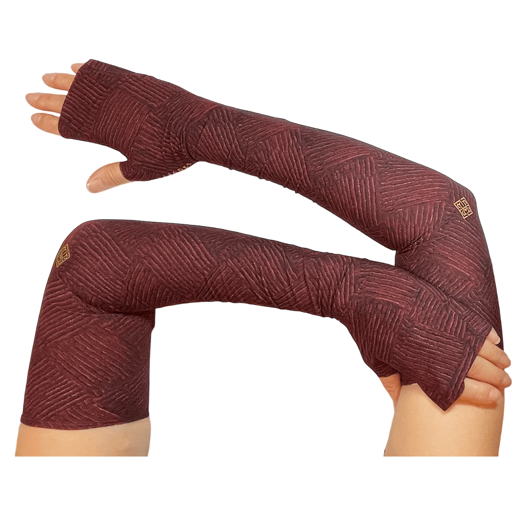 UV Sun Sleeves in red, black chenille basketweave pattern and gold trim is pretty, functional sun protection for arms