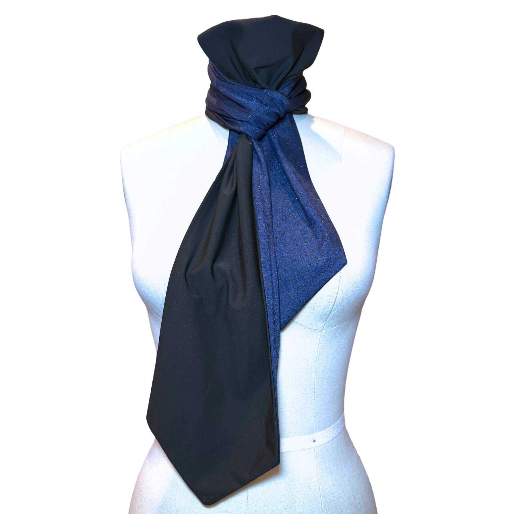 Chic sun scarf shown on mannequin in fashion UPF50+ sapphire blue with gold sparkle and solid black fabric