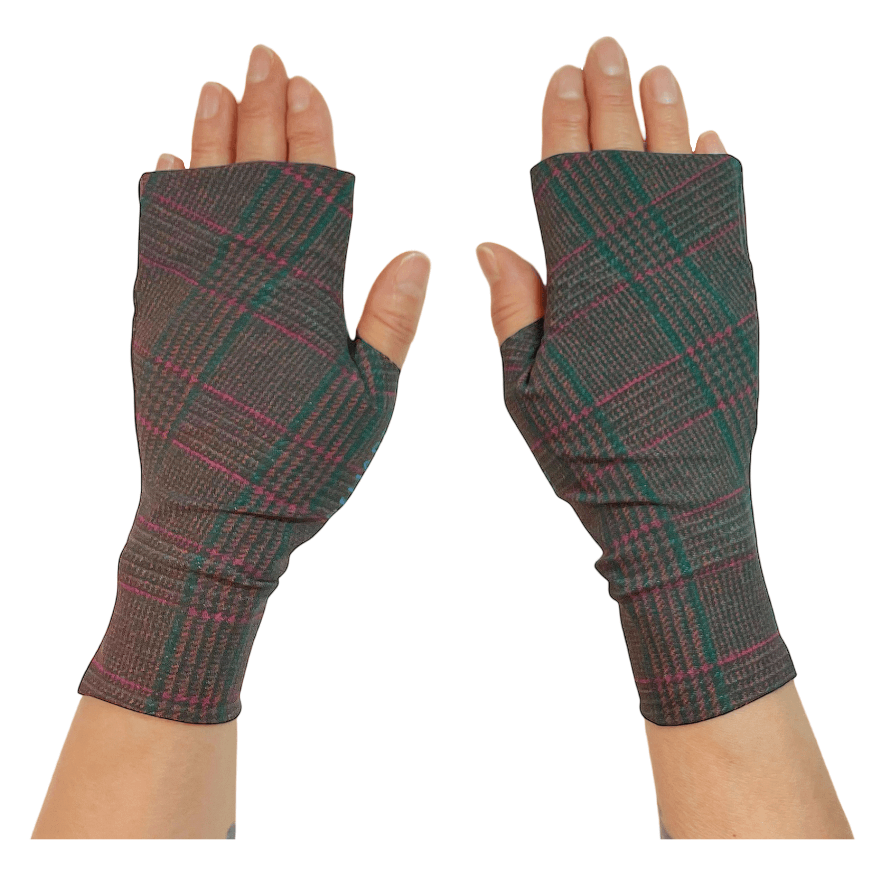 Heliades UPF Driving Gloves in Fashion UPF 50+ Pink, Brown, Green Plaid Fabric with reflective blue trim.