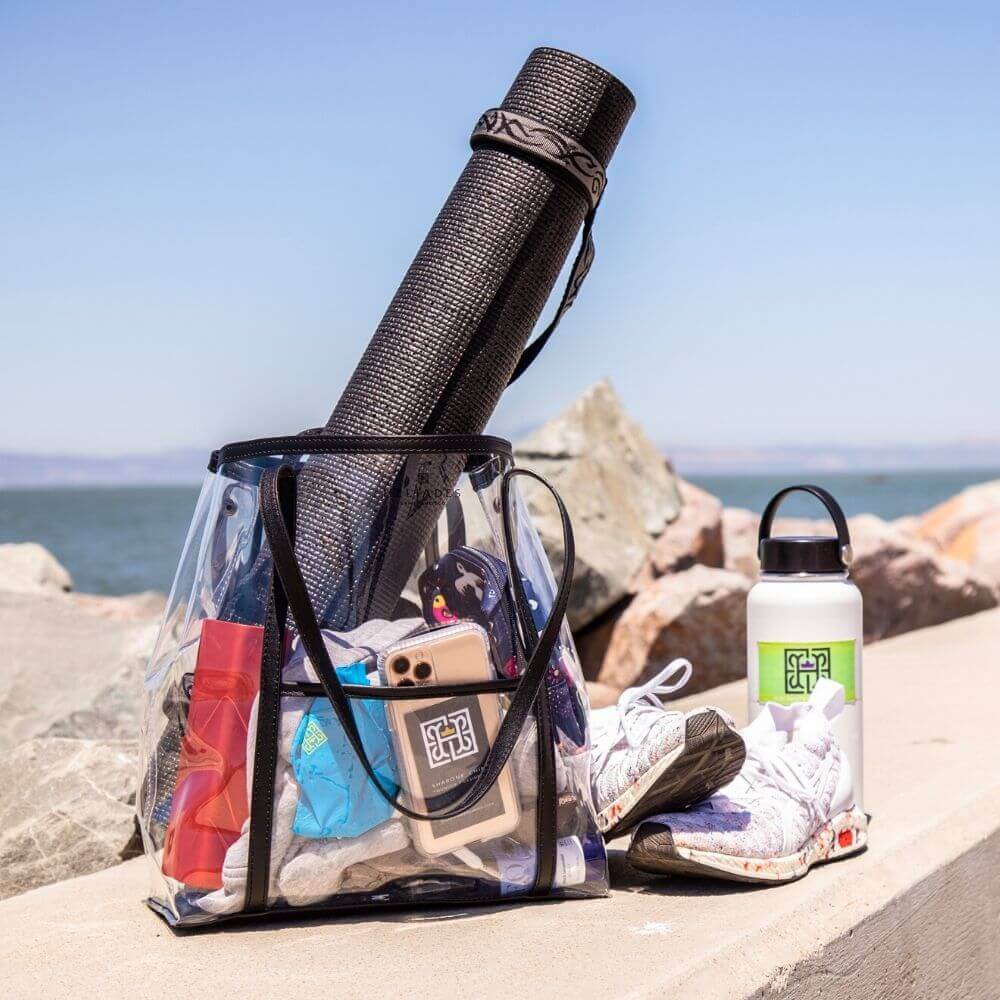 Heliades sun protection clothing Designer clear tote bag with stadium approved dimensions is made with thick and durable vegan materials