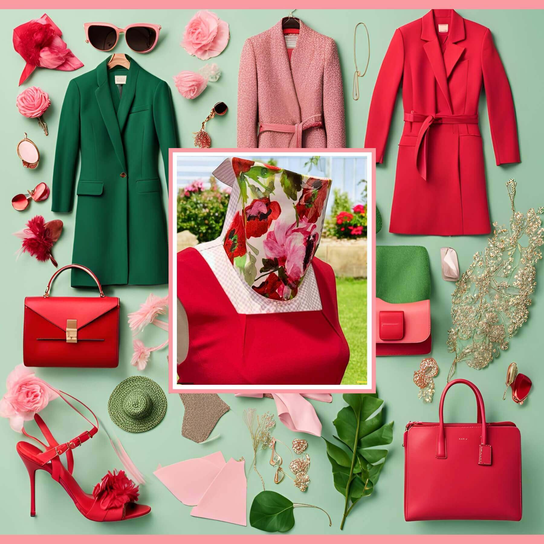 What to wear with your Heliades Sun Dickey-Mood board style inspiration in pinks, greens, reds.