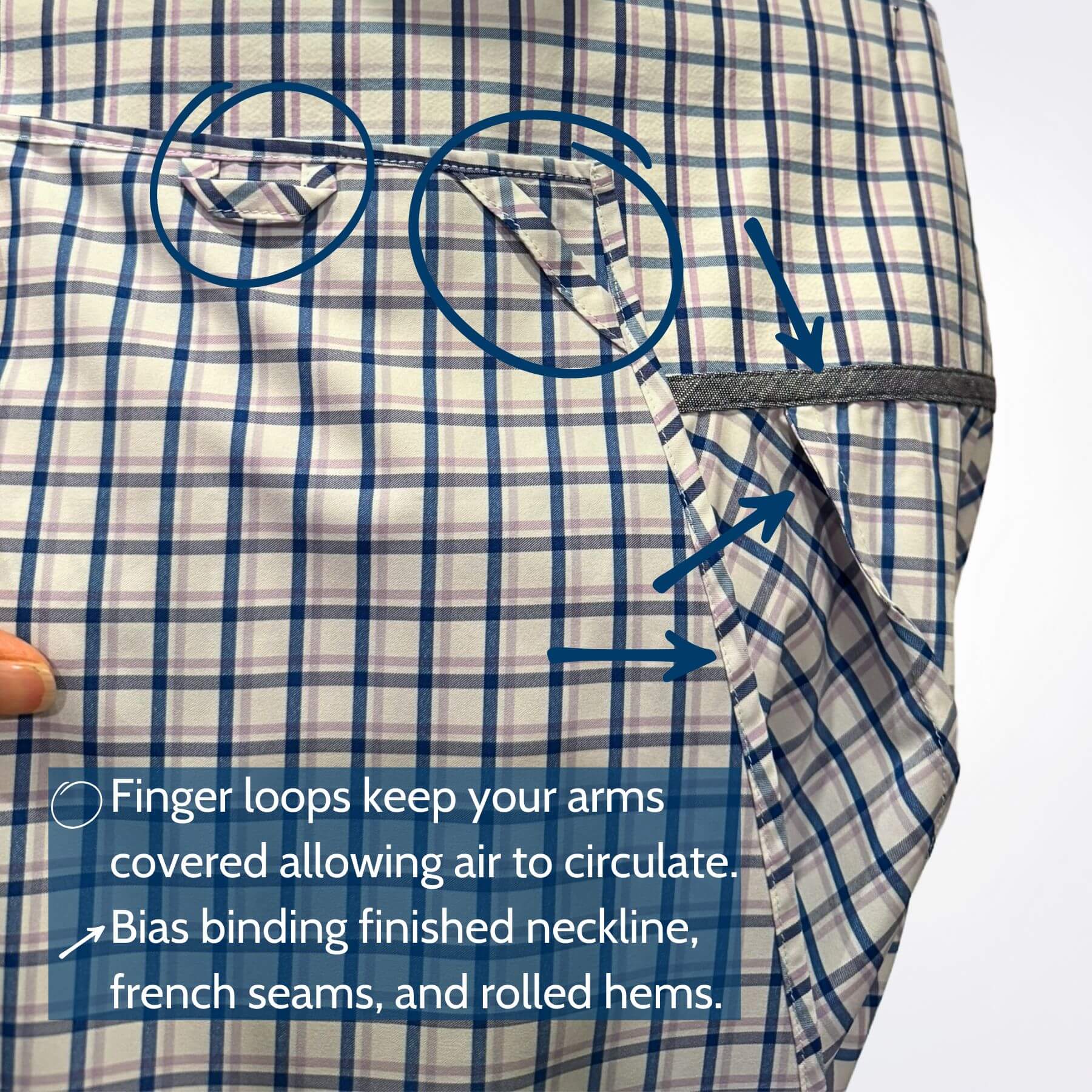 Close-up of Blue Lavender Plaid UPF 50+ fabric with custom Heliades engraved buttons, showing detail and craftsmanship.