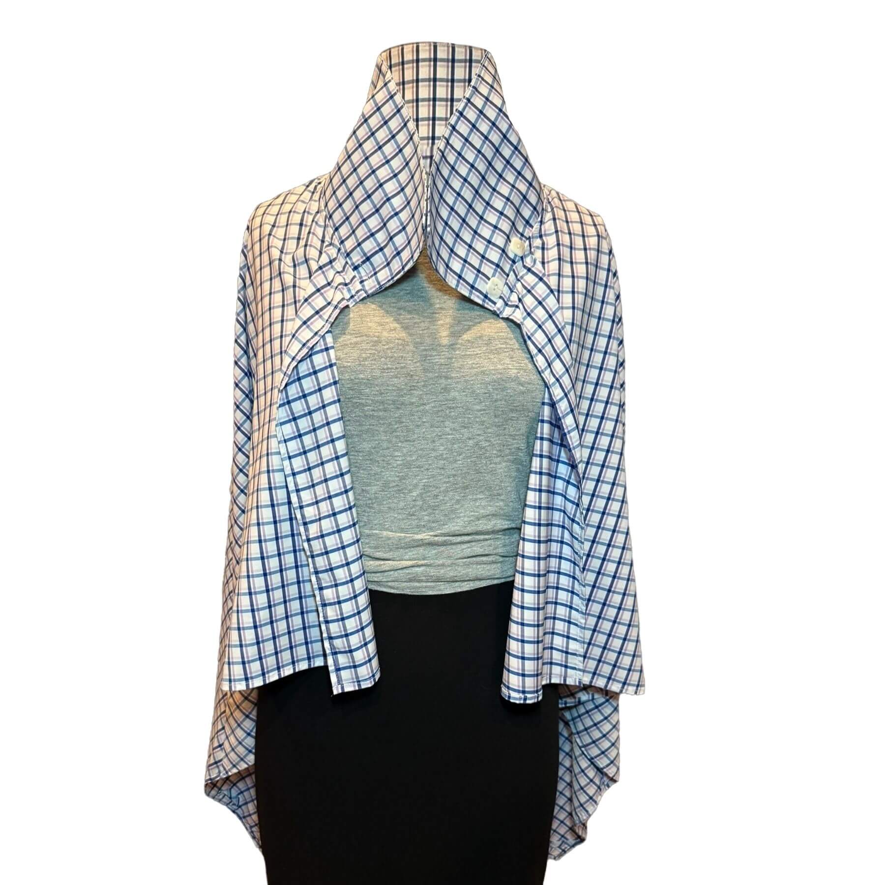 Front view of the Blue Lavender Plaid UPF Wrap, a lightweight UPF 50+ sun protective shawl with vibrant plaid design.