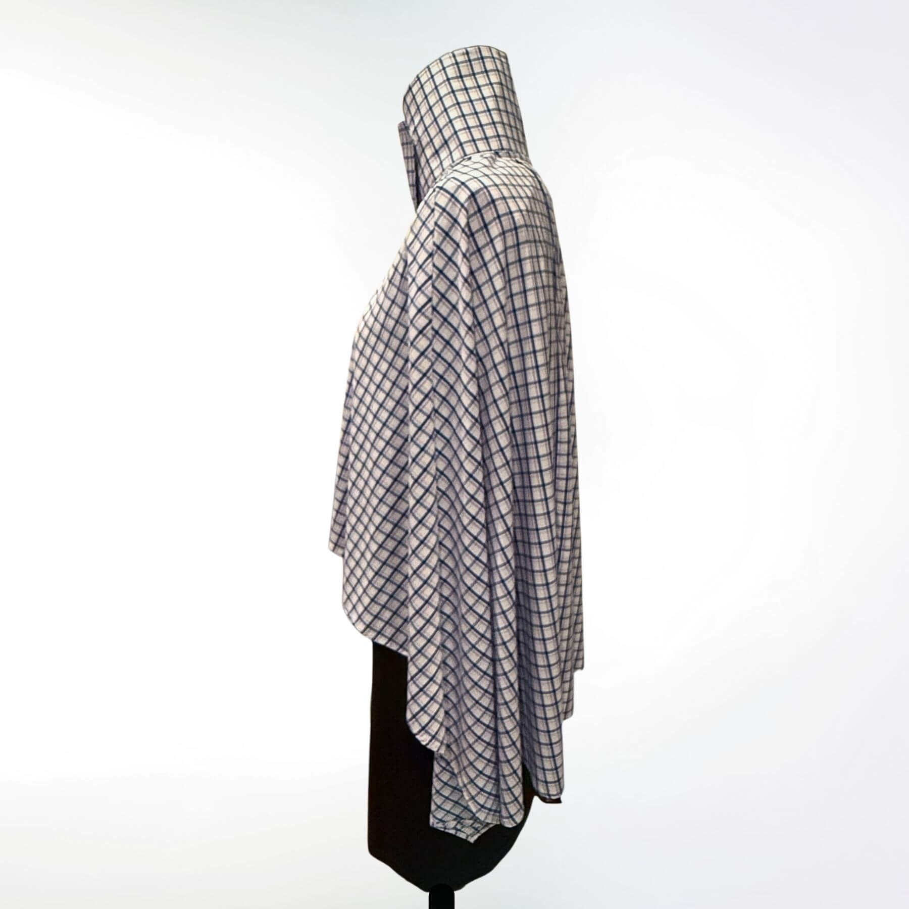 Side view of the Blue Lavender Plaid UPF Wrap on mannequin, shown in lightweight UPF 50+ plaid fabric for stylish sun protection.