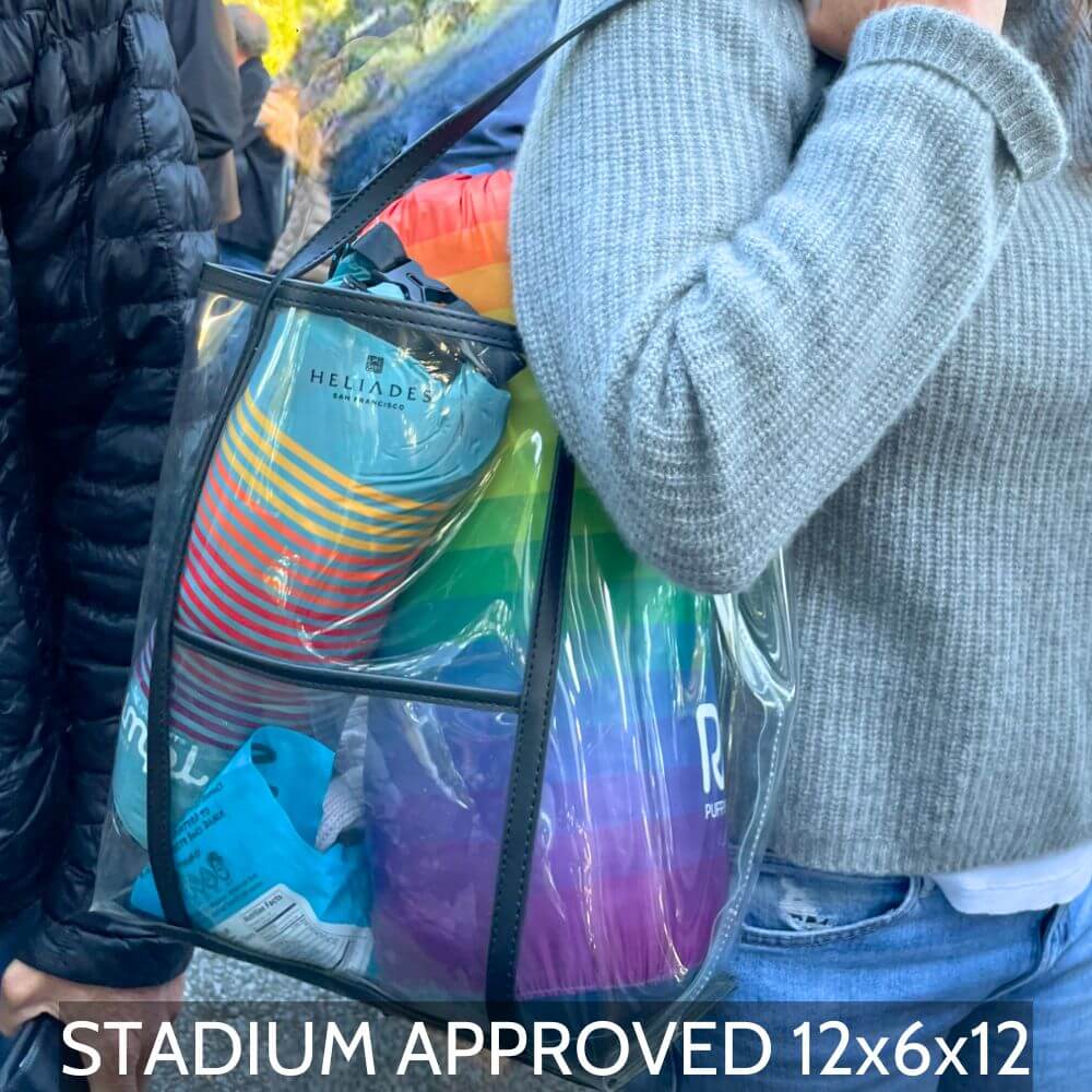 Stadium-approved designer clear tote bag with accessories at a concert