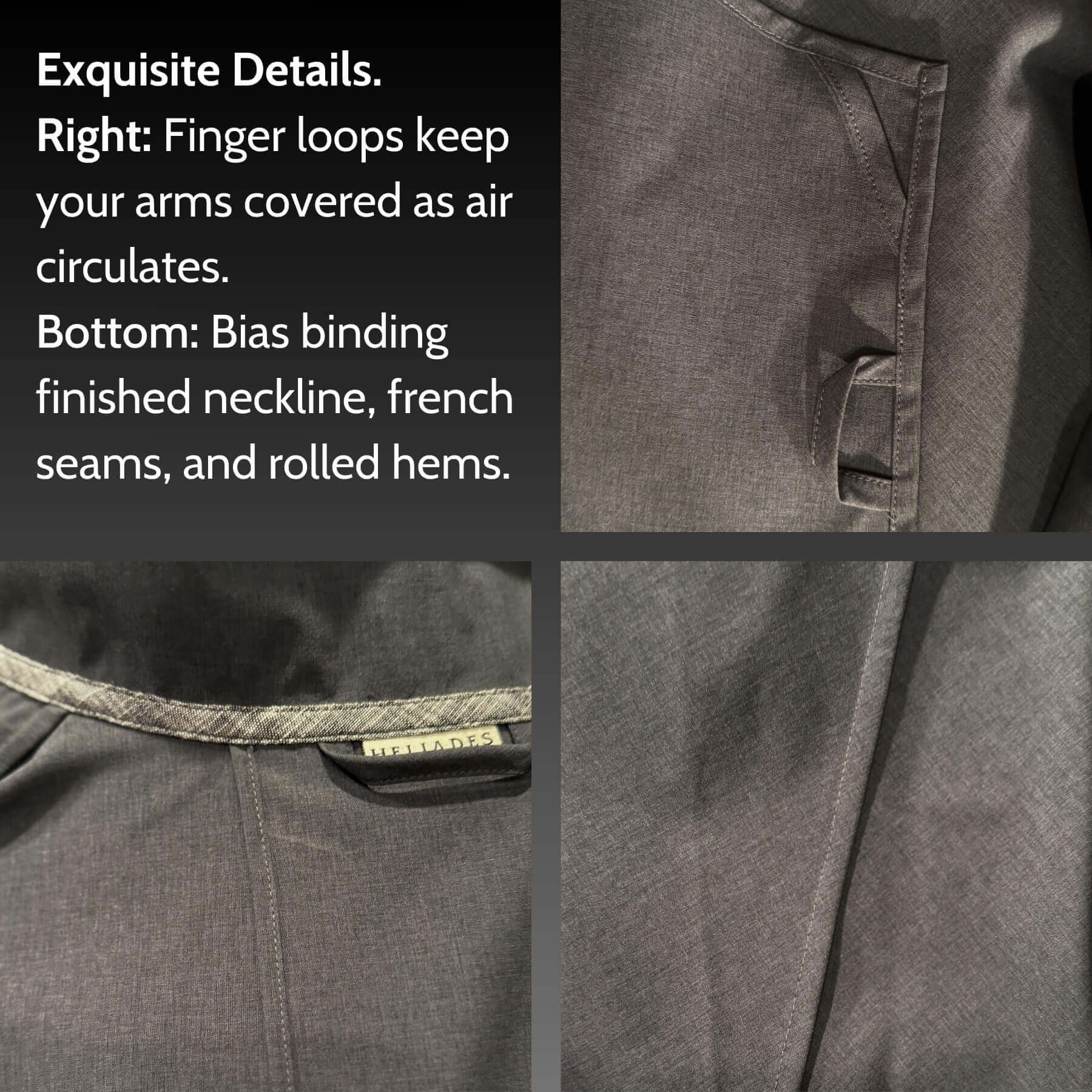 Close-up feature details of the Gray Melange Sun Shawl in UPF 50+ fabric, showing finger loops for coverage with airflow, a bias-bound neckline, French seams, and rolled hems. Image highlights craftsmanship details.