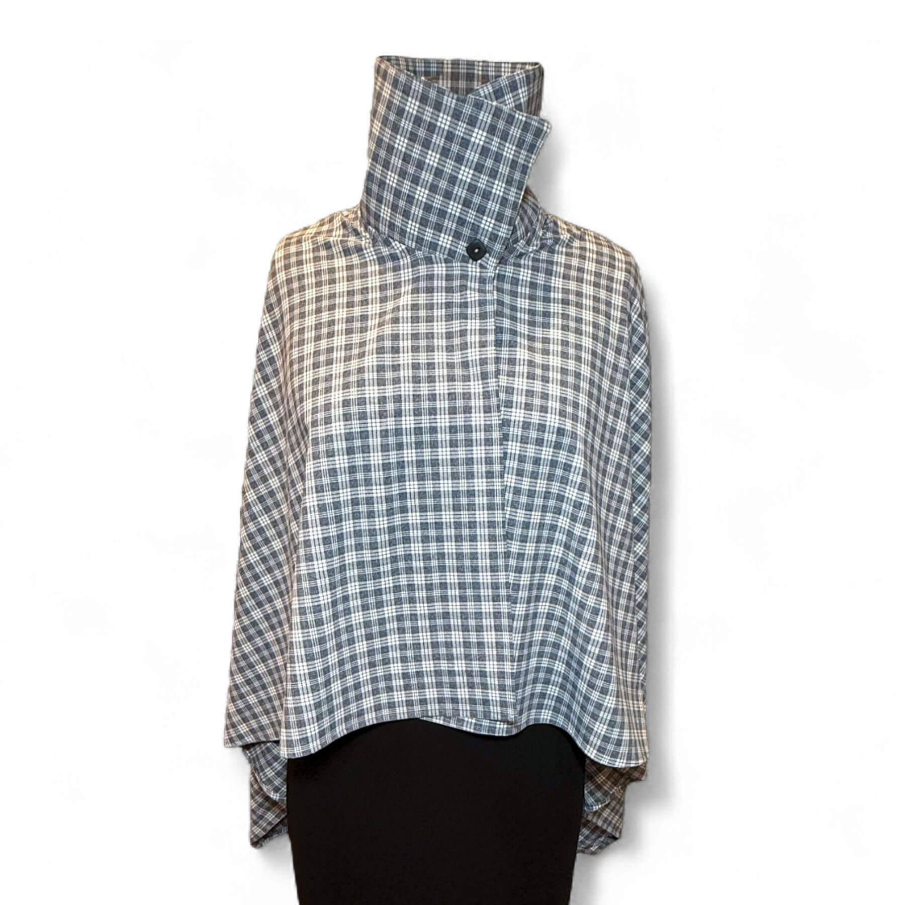 Front view of the Gray Plaid UV Shoulder Wrap with collar buttoned, shown on mannequin in lightweight UPF 50+ fabric.