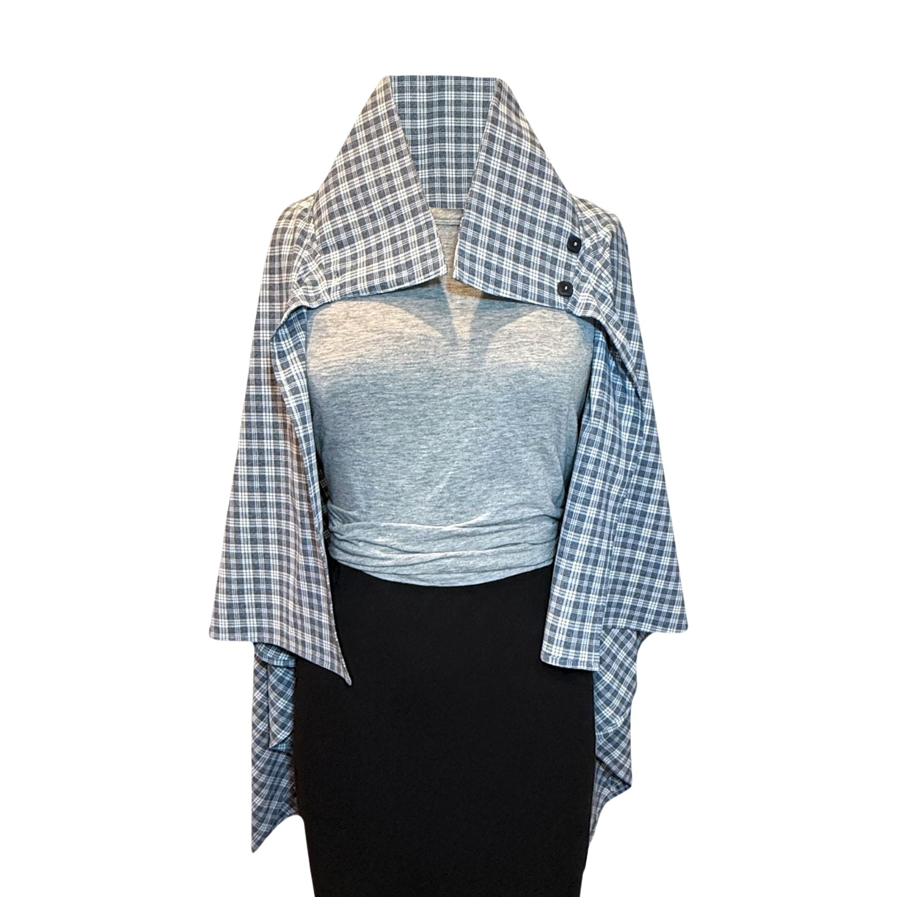 Front view of the Gray Plaid UV Shoulder Wrap, a lightweight UPF 50+ sun protective wrap with elegant plaid design.