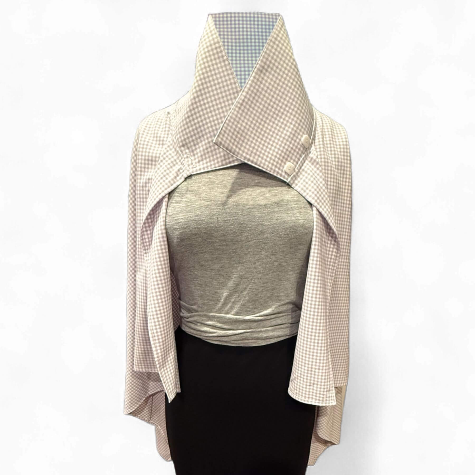 Front view of the Lavender Check Sun Protection Shoulder Wrap, a lightweight UPF 50+ shawl in playful plaid design for stylish UV coverage.