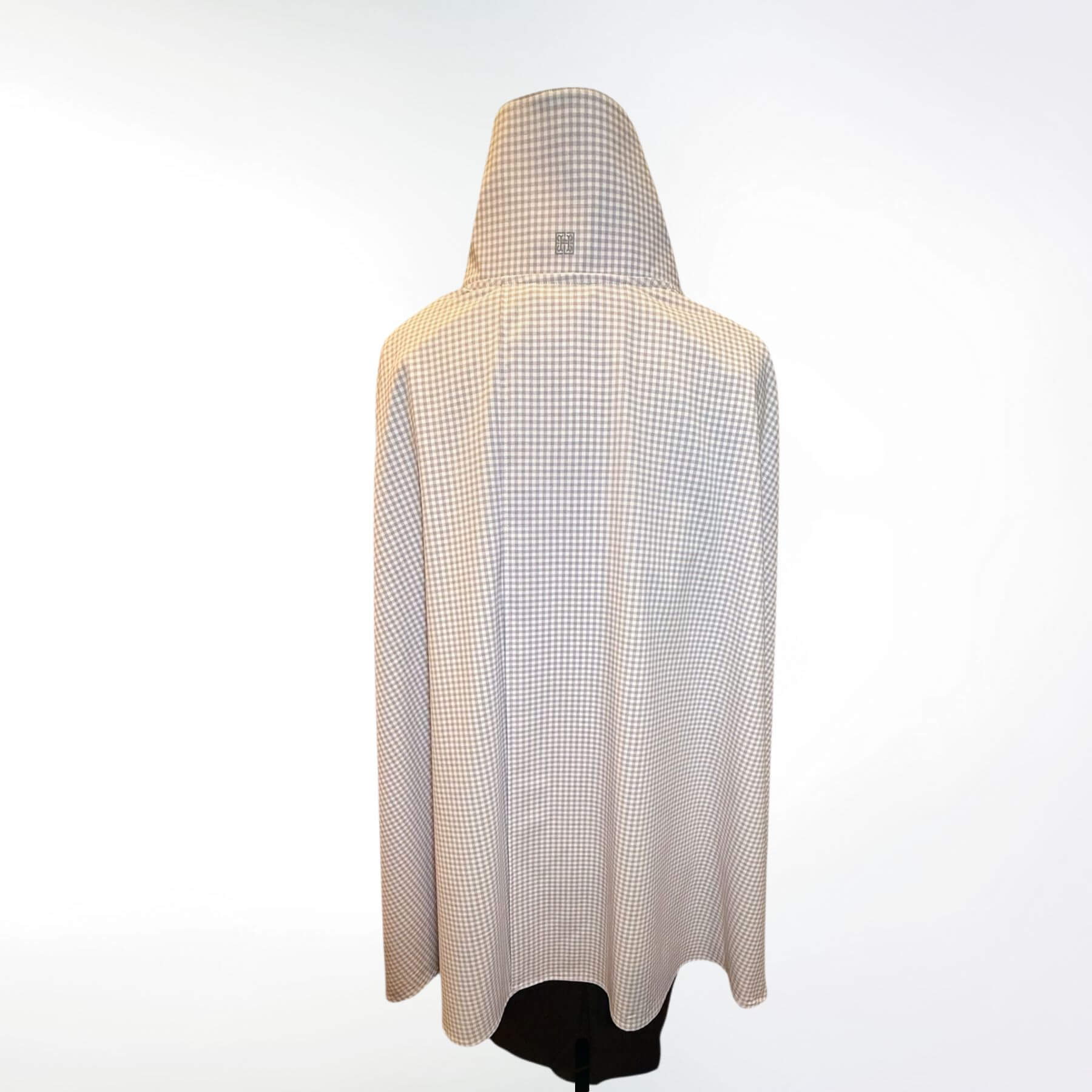 Back view of the Lavender Check Sun Protection Shoulder Wrap in lightweight UPF 50+ plaid fabric, showing elegant drape and coverage.