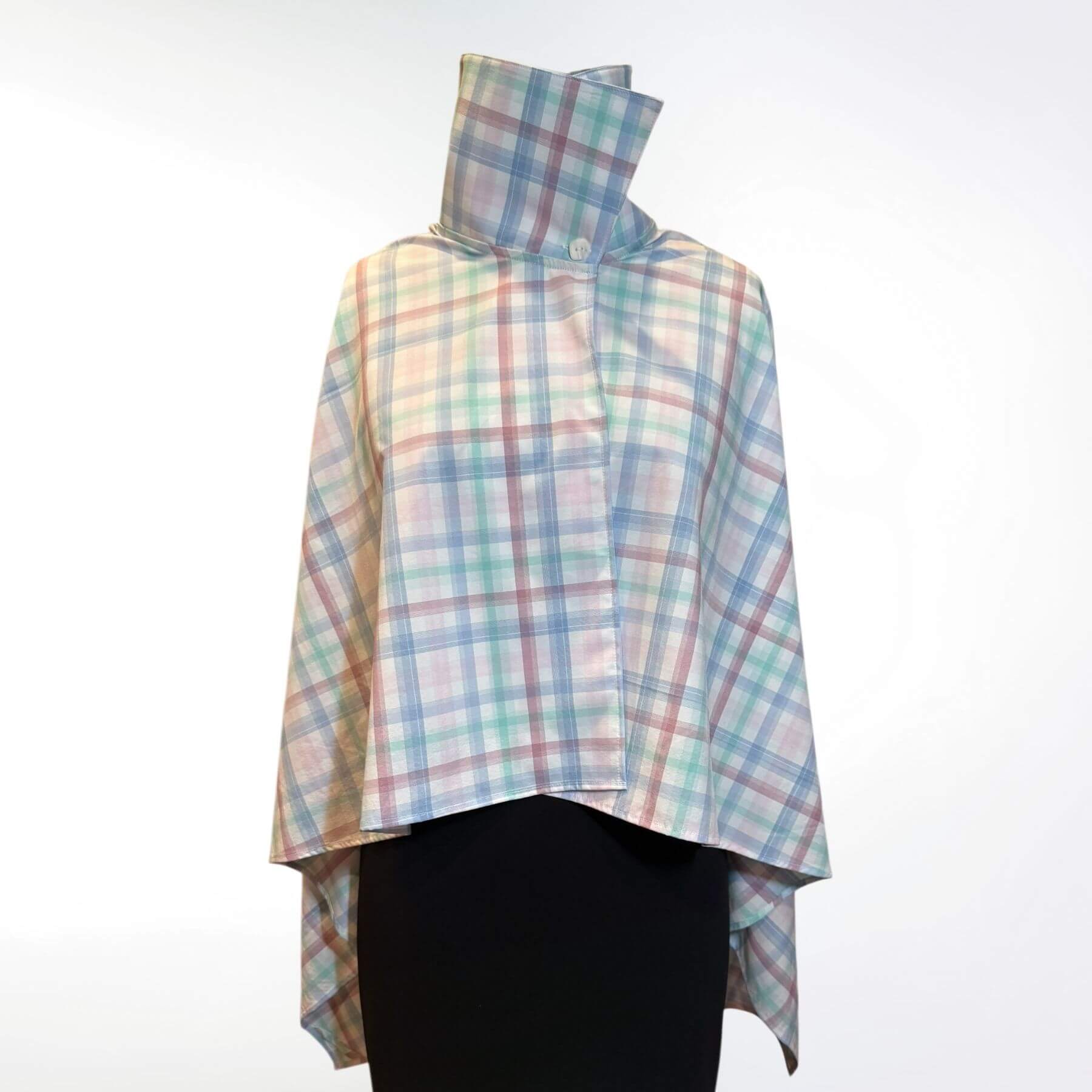 Front view of the Pastel Plaid UV Protection Shawl buttoned at collar, elegant lightweight UPF 50+ fabric in pastel plaid.