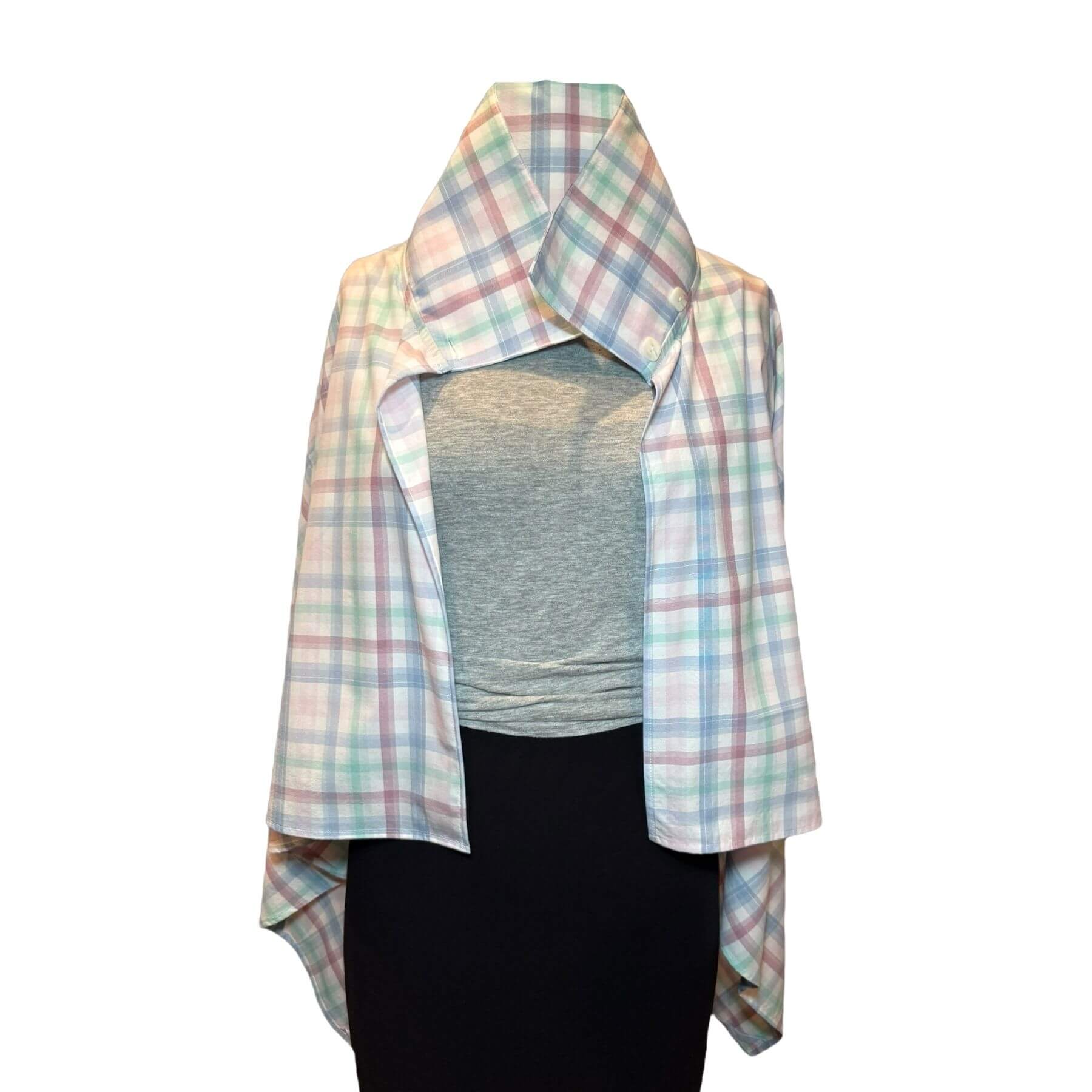 Front view of the Pastel Plaid UV Protection Shawl, a soft plaid UPF 50+ sun protective wrap combining elegance with UV safety.