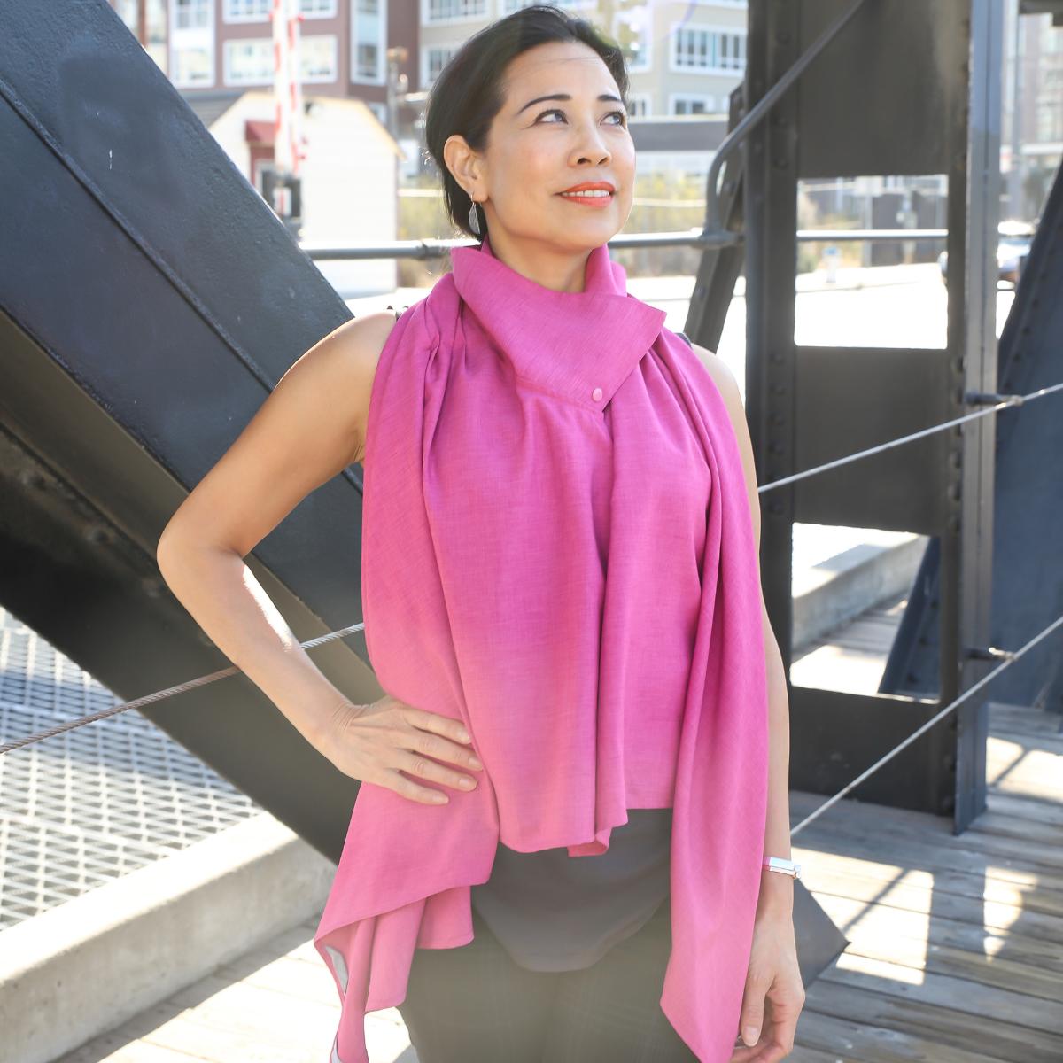 Berry-pink UPF50+ sun shawl with wide collar and finger loops