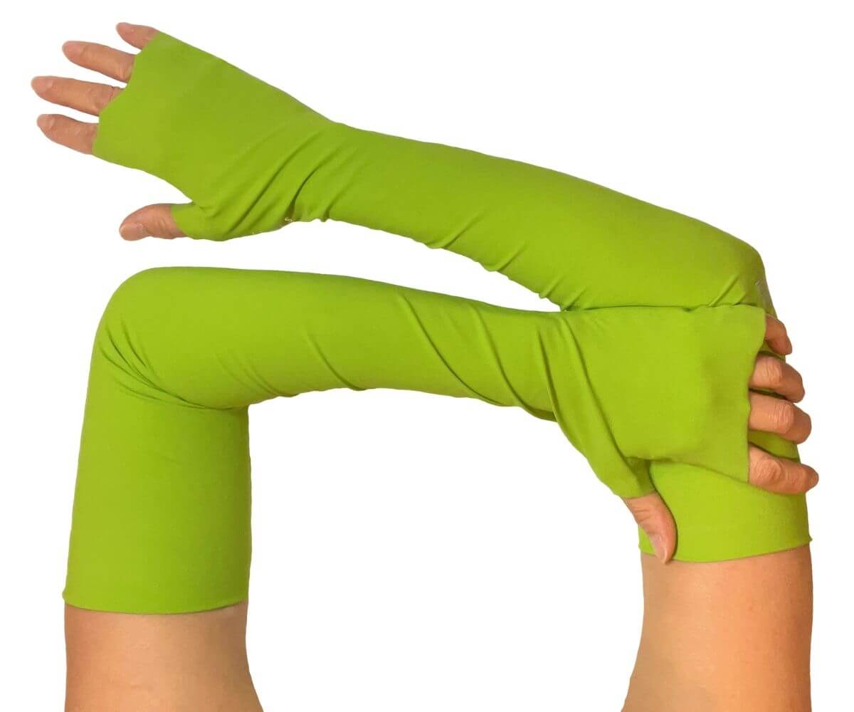 HELIADES Sun Protective Clothing, UPF 50+ full length UV arm sleeves in bright, spring green solid color. Covers hands, fingerless, tagless, seamless.