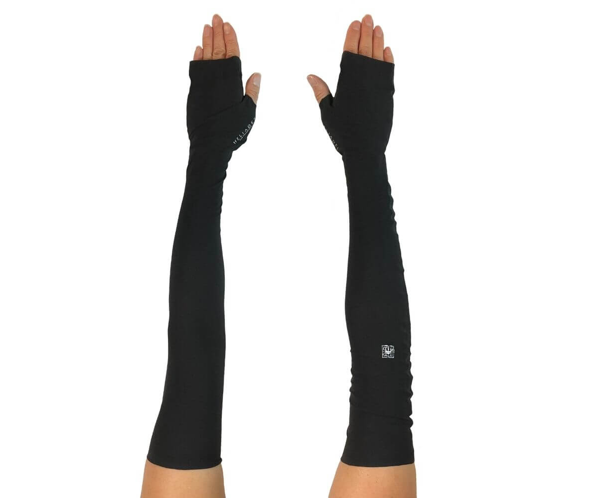 HELIADES UPF50+ sun protective pair of full length UV arm sleeves in elegant black solid color that looks fashionable like evening gloves. Covers hands, fingerless, tagless, seamless.