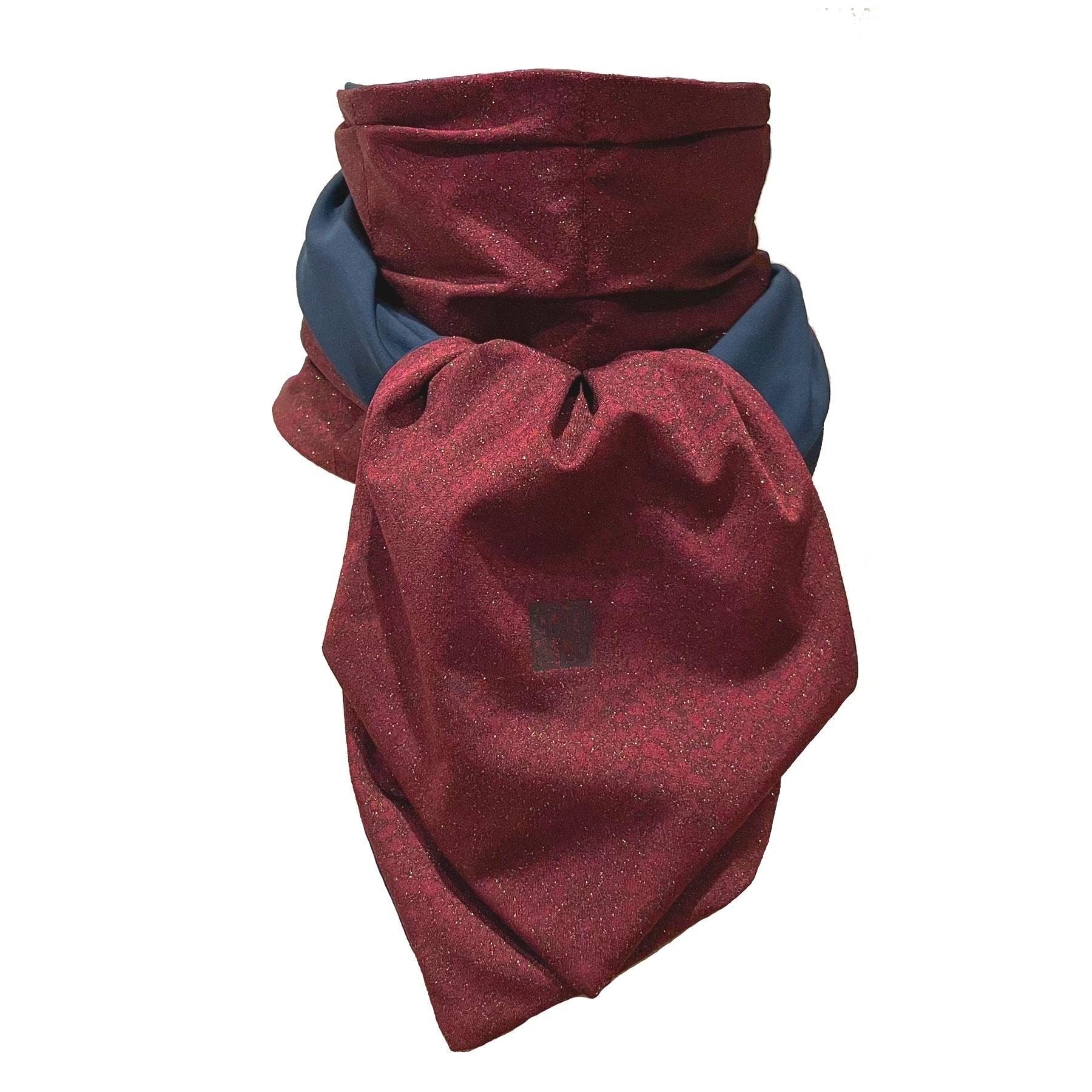 \UPF 50+ Sun Protection scarf shown styled as Bridgerton Cravat Tie, color is burgundy deep red with gold sparkle pattern, reversible side is true navy blue solid color.
