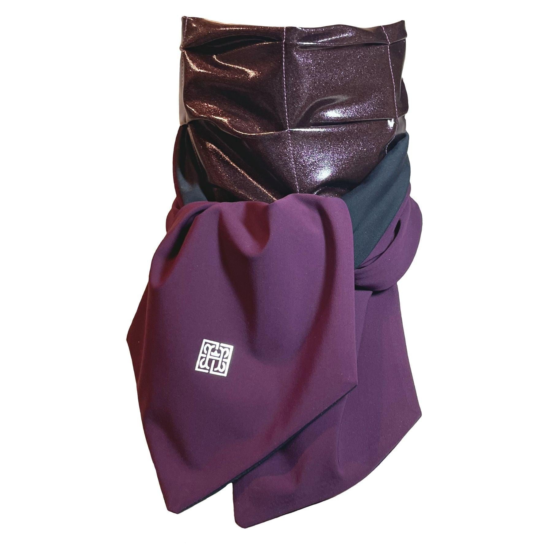UPF 50+ Sun Protection scarf shown styled as Bridgerton Cravat Tie, color is orchid glitter glam rock with eggplant purple and solid black on reverse side.
