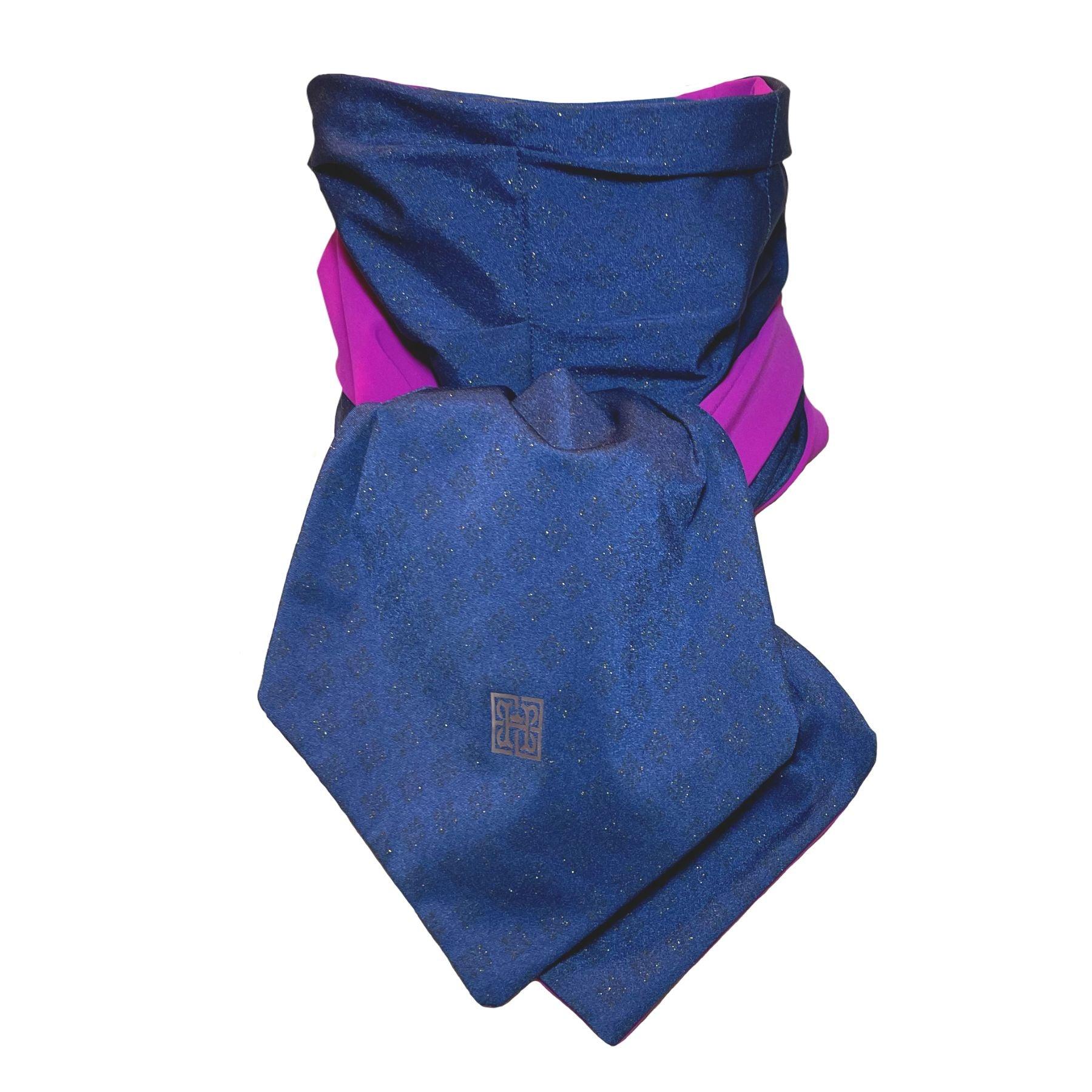 HELIADES UPF 50+ Sun Protection scarf shown styled as Bridgerton Cravat Tie, color is sapphire blue with gold sparkles and reversible side is pink fuchsia color.