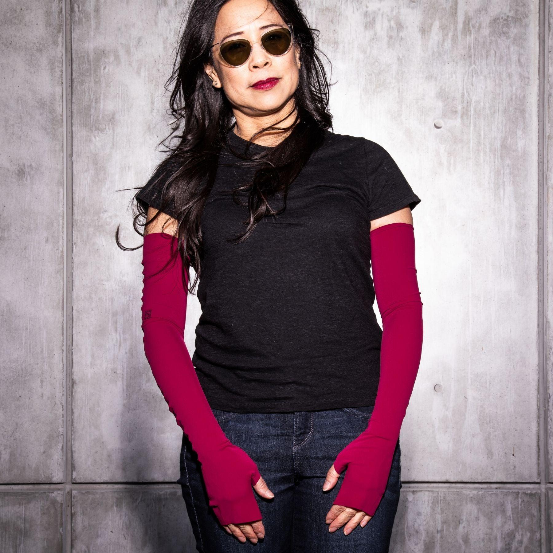 Best UPF 50 sun protective arm sleeves womens fingerless UV driving gloves in red OEKO-TEX certified fabric, made in USA