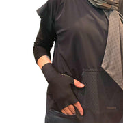 HELIADES UPF50+ sun protective gloves in black cat black solid color. Fingerless, tagless, seamless. UPF 50+ sun protective black hoodie and gray with gold sparkle cravat. All fabric 98% UV blocking and OEKO-TEX certified.