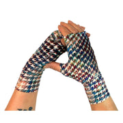 Best UPF 50+ sun protective fingerless sun gloves in multi-colored Painterly Houndstooth Plaid print made of UPF50+ and OEKO-TEX certified fabric. Womens, gender neutral, UV driving gloves, Made in USA.