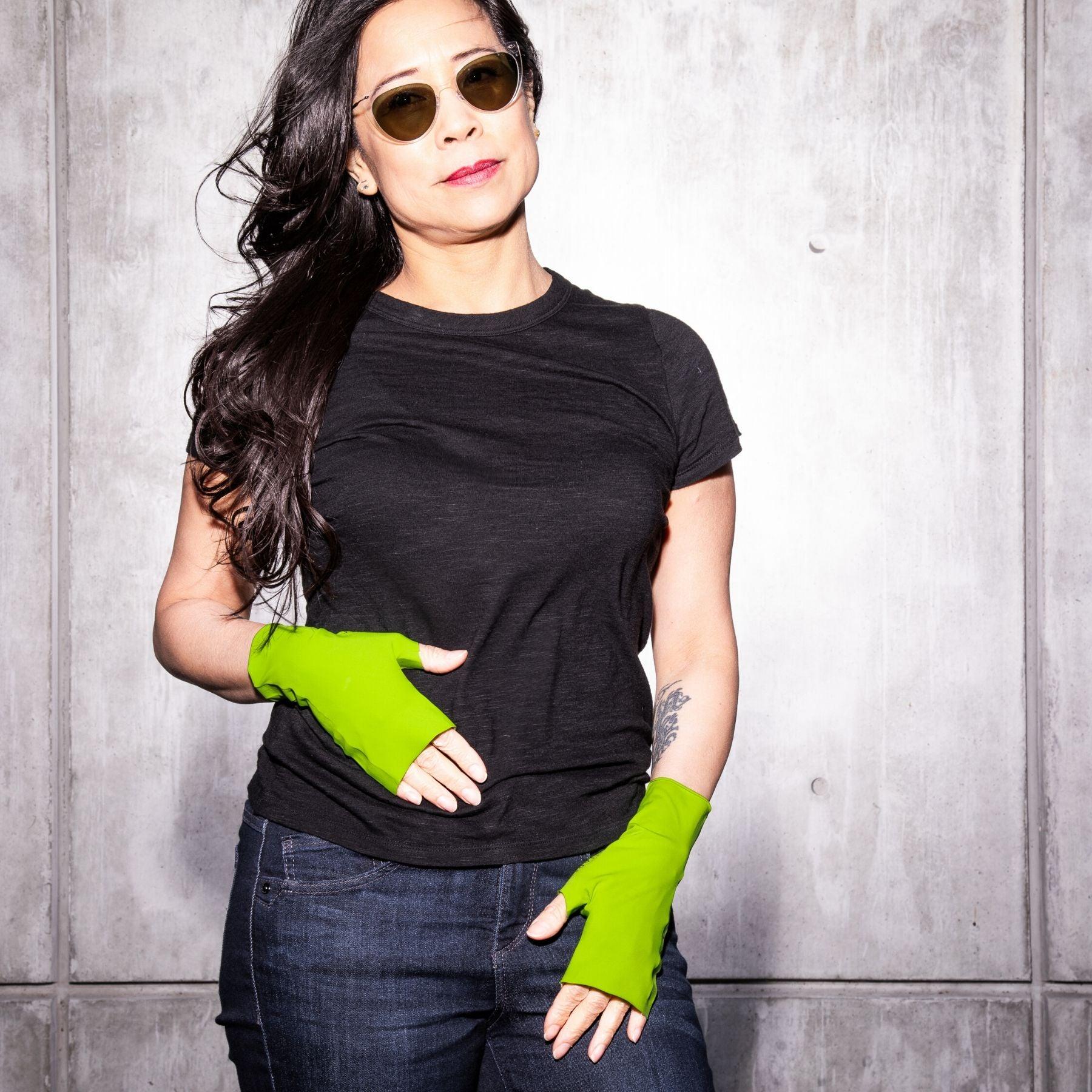 Best UPF 50 sun protective womens fingerless sun gloves, special edition green with lime green flourish UV driving gloves, made in USA