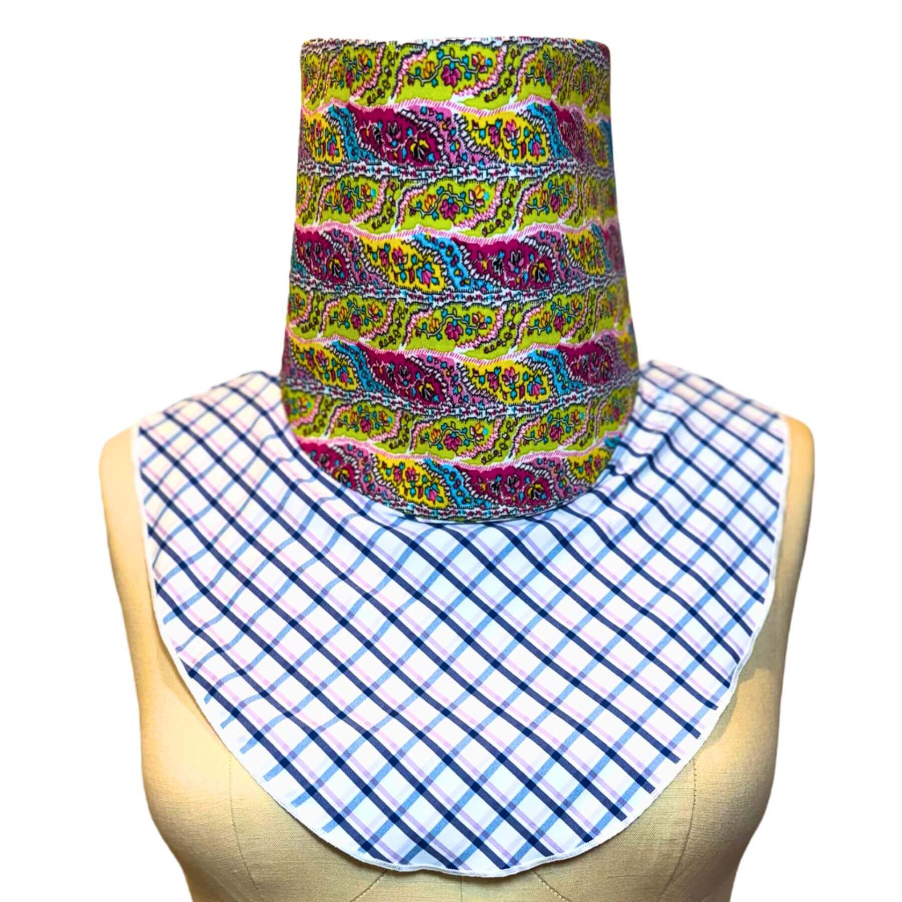 Fashion-forward scarves for sun protection - The elegant Sun Dickey in blue,white plaid with pink, blue, green paisley print