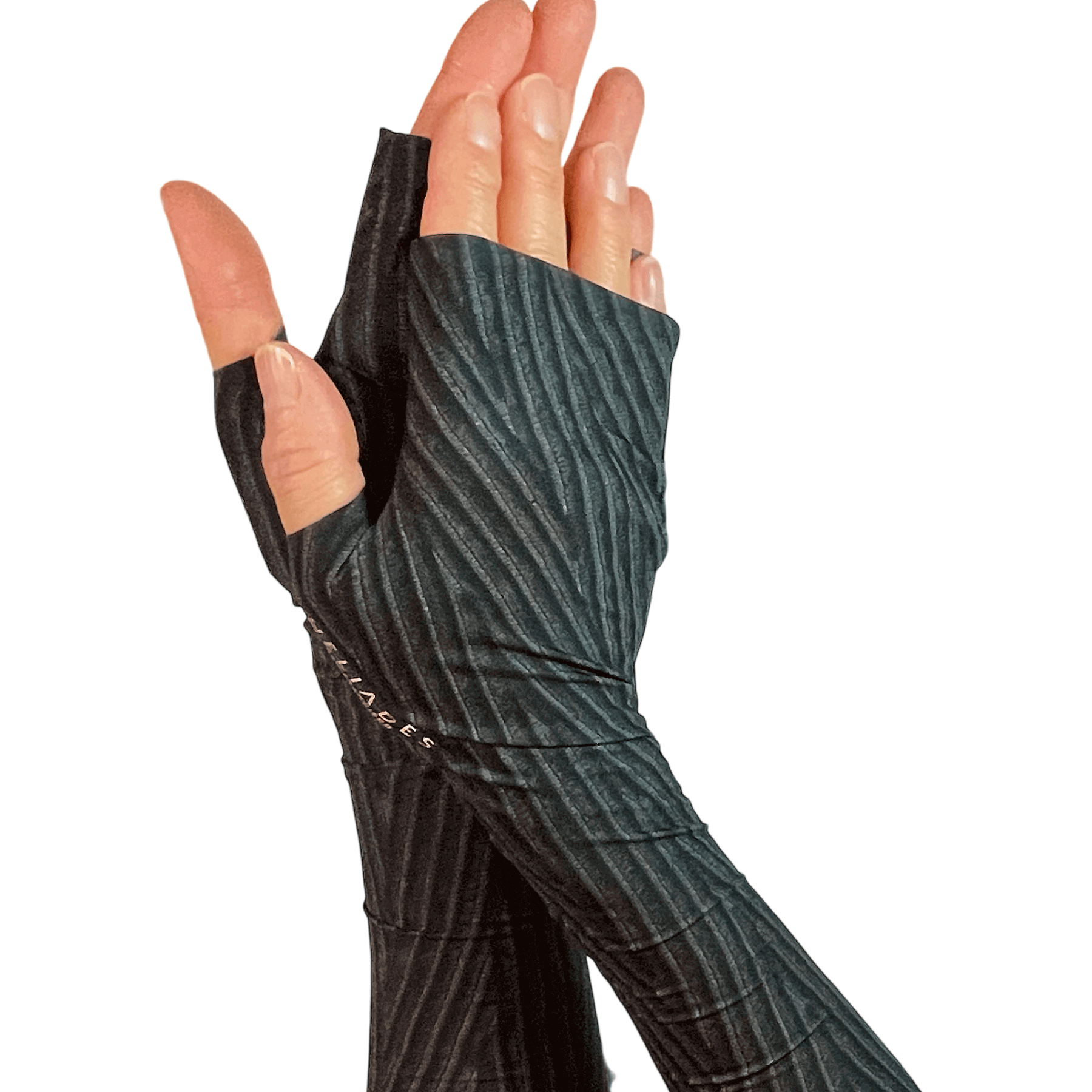 Fashion UV Sleeves for sun protection shown in elegant black chevon chenille print.