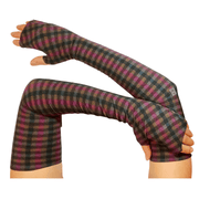 Fashion UPF Arm Sleeves shown in stylish Black, Pink, Brown plaid print by Heliades Stylish Sun Protective Clothing