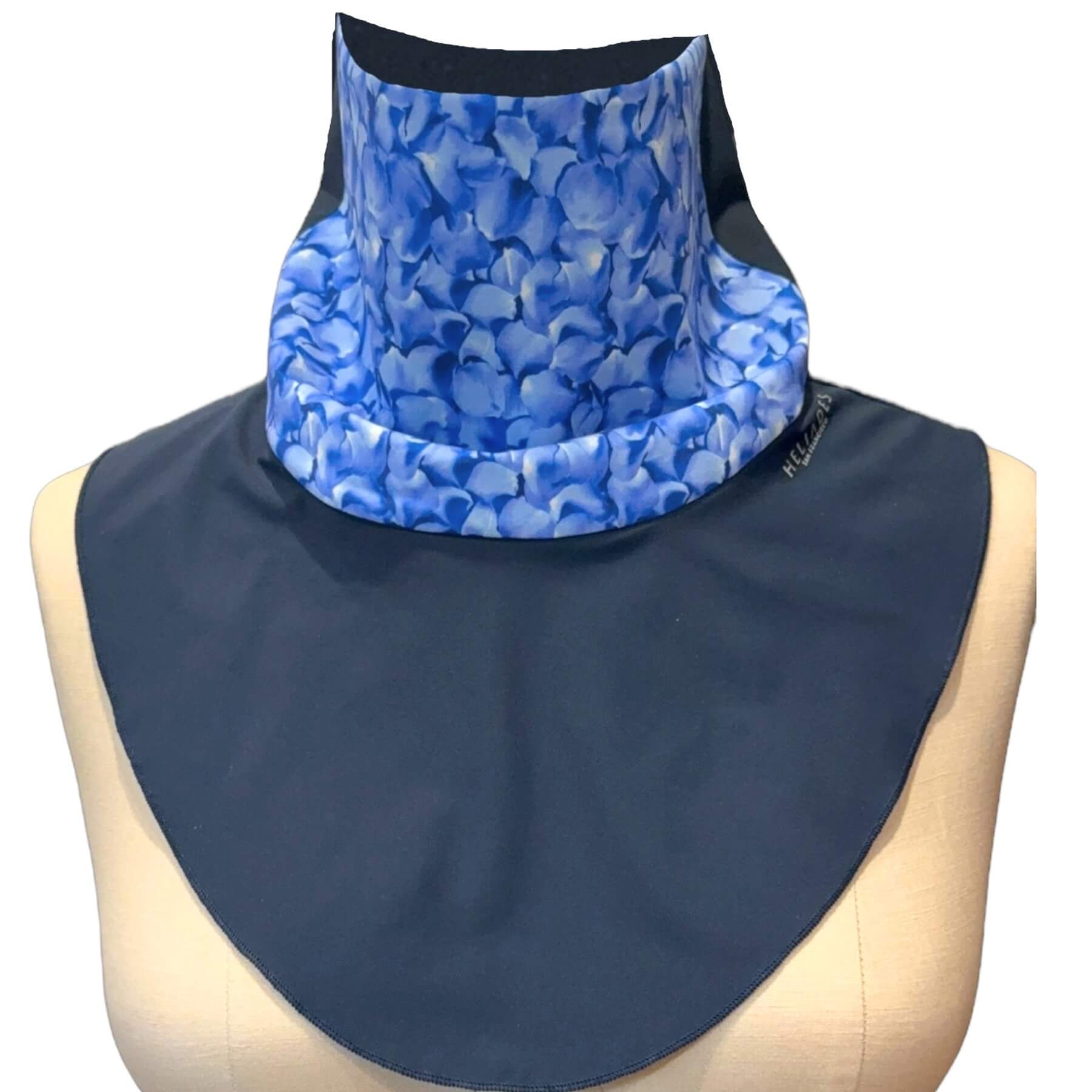UPF 50+ Neck Scarf for Sun Protection-Fashion Sun Dickey shown in Navy Blue with Violet Blue Hydrangea Print