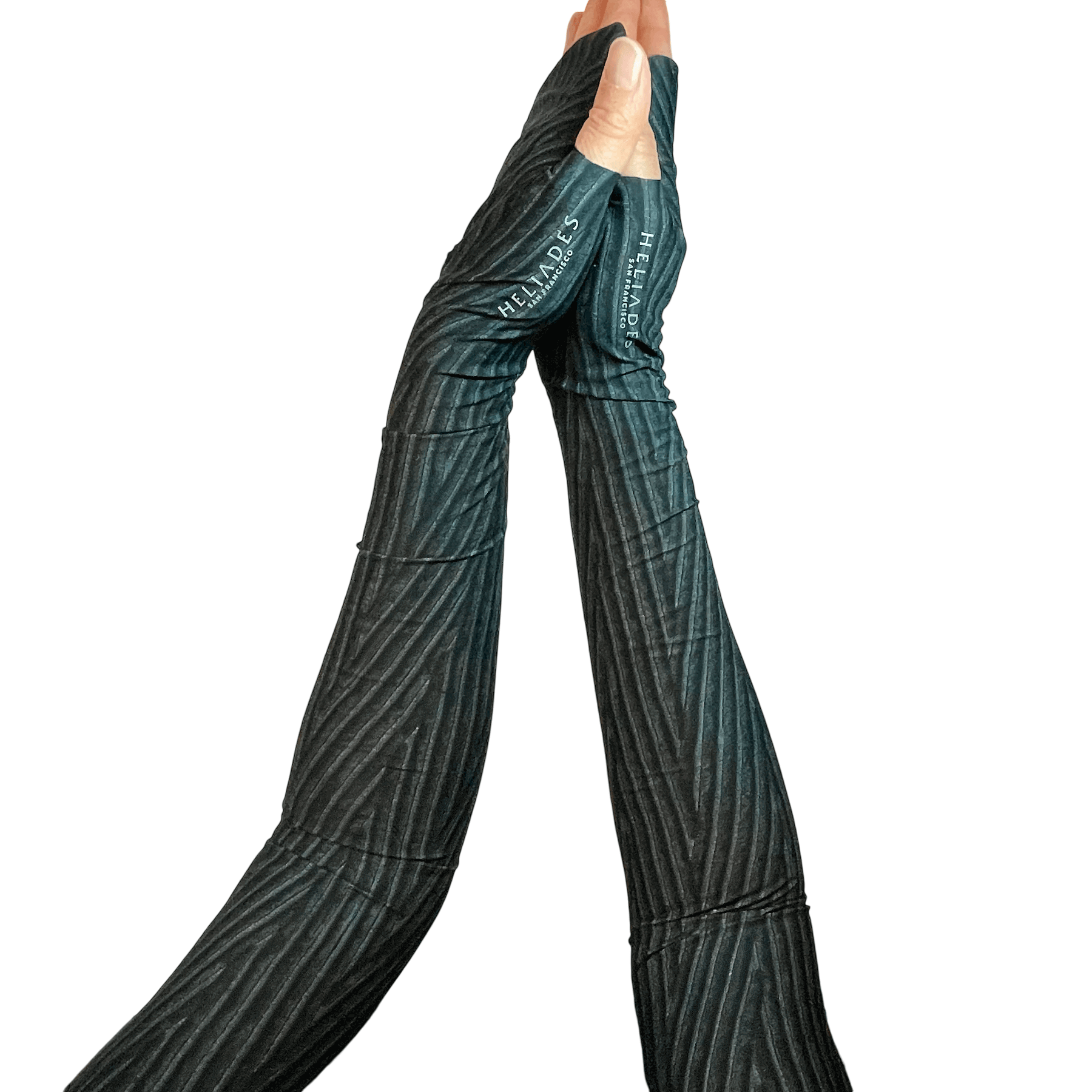 Heliades UV Sun Gauntlets are stylish sleeves for sun protection - shown in black chevron chenille print.