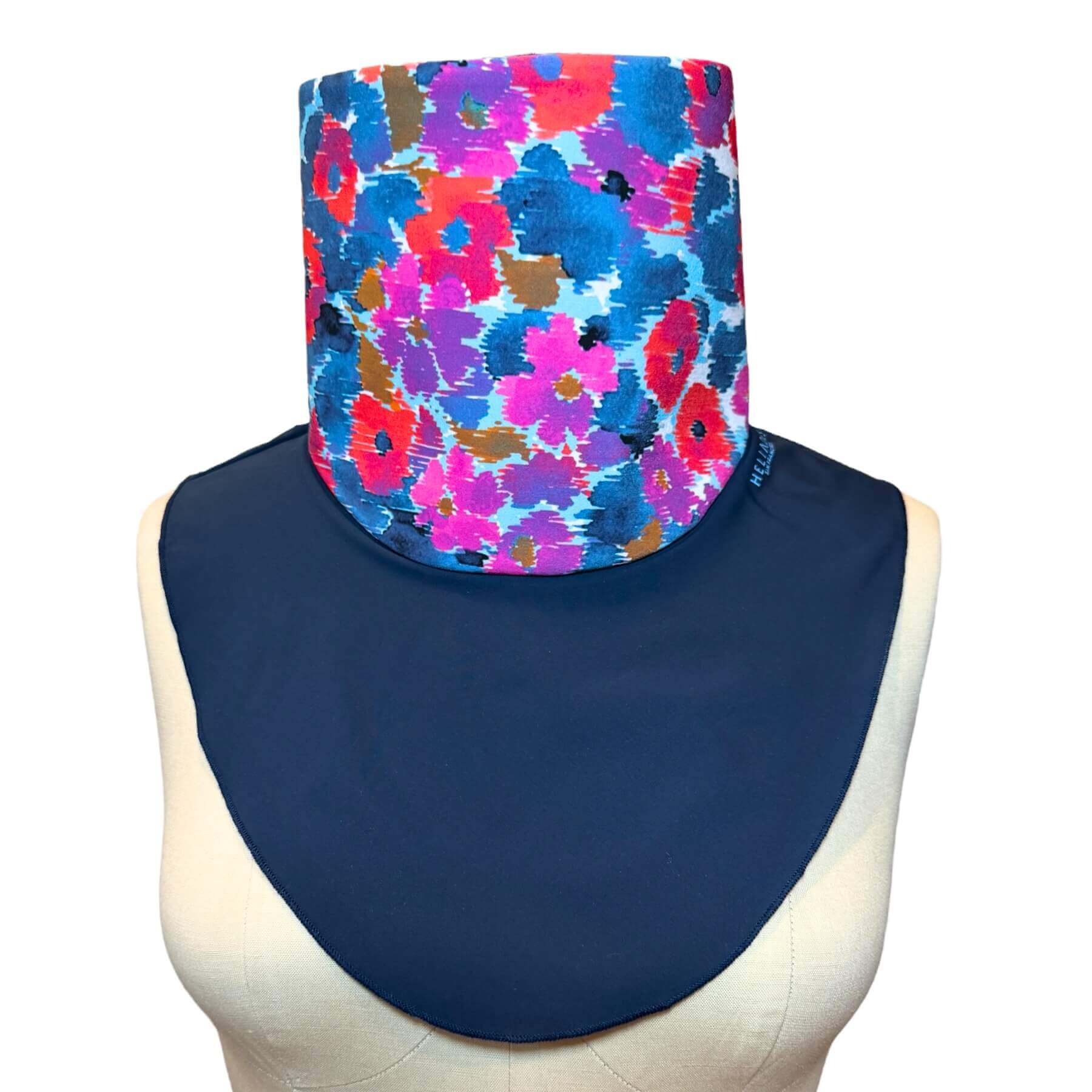 Stylish Neck Sun Protector-Sun Dickey scarf shown in navy blue with shades of blue, purple, violet and red floral print