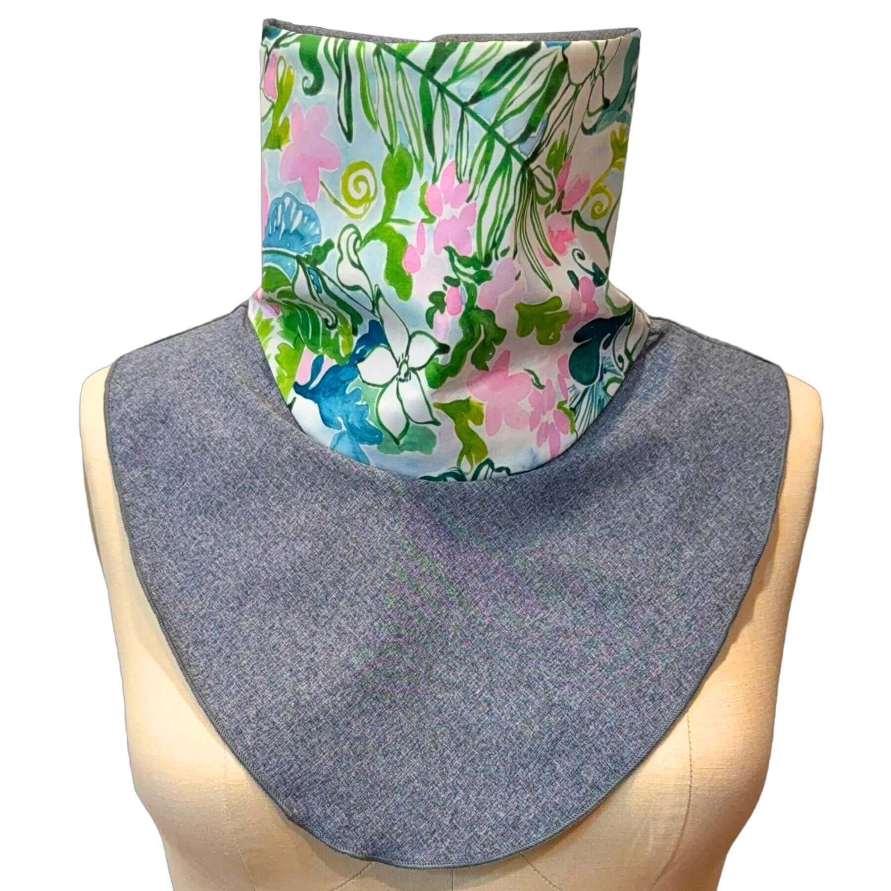 UPF 50+ Neck Cover for Sun Protection-Stylish, Functional Sun Dickey shown in Blue Melange with Pink, Blue, Green Floral print.