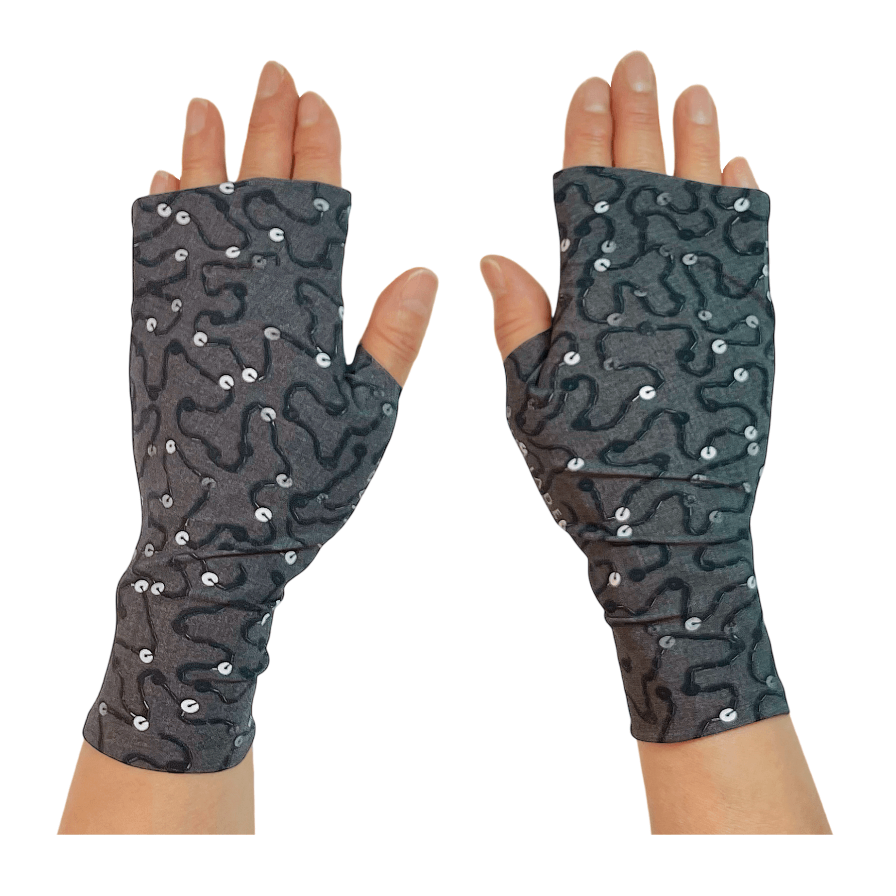 Front view of UV Protection Gloves for Driving in elegant black bugle bead and silver sequins on gray melange background by Heliades.