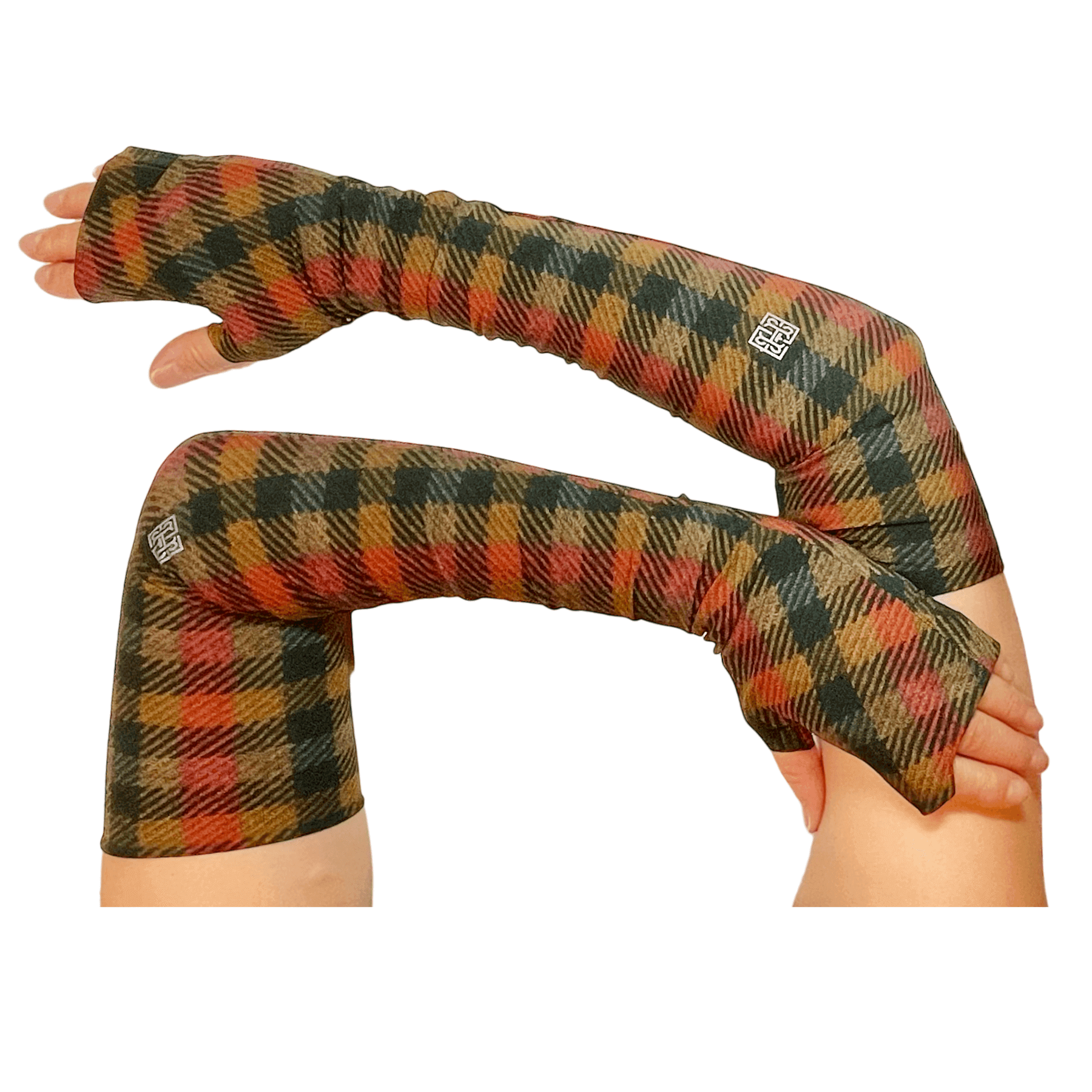 Stylish UV sleeves to protect arms in pretty black, red, brown classic plaid hand crafted by Heliades