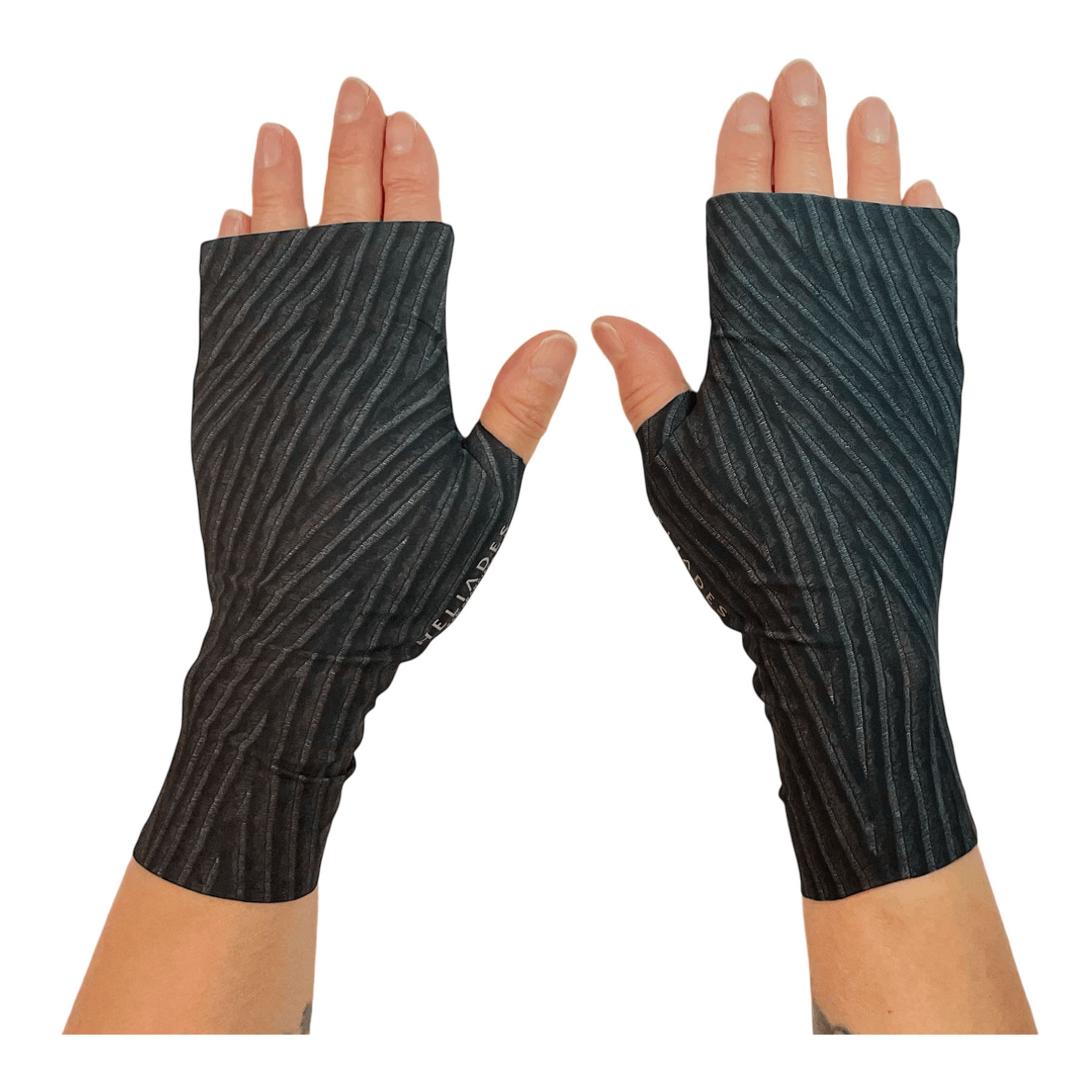 Sun Gloves for Driving in rocker black chenille UPF print hand made by Heliades in USA