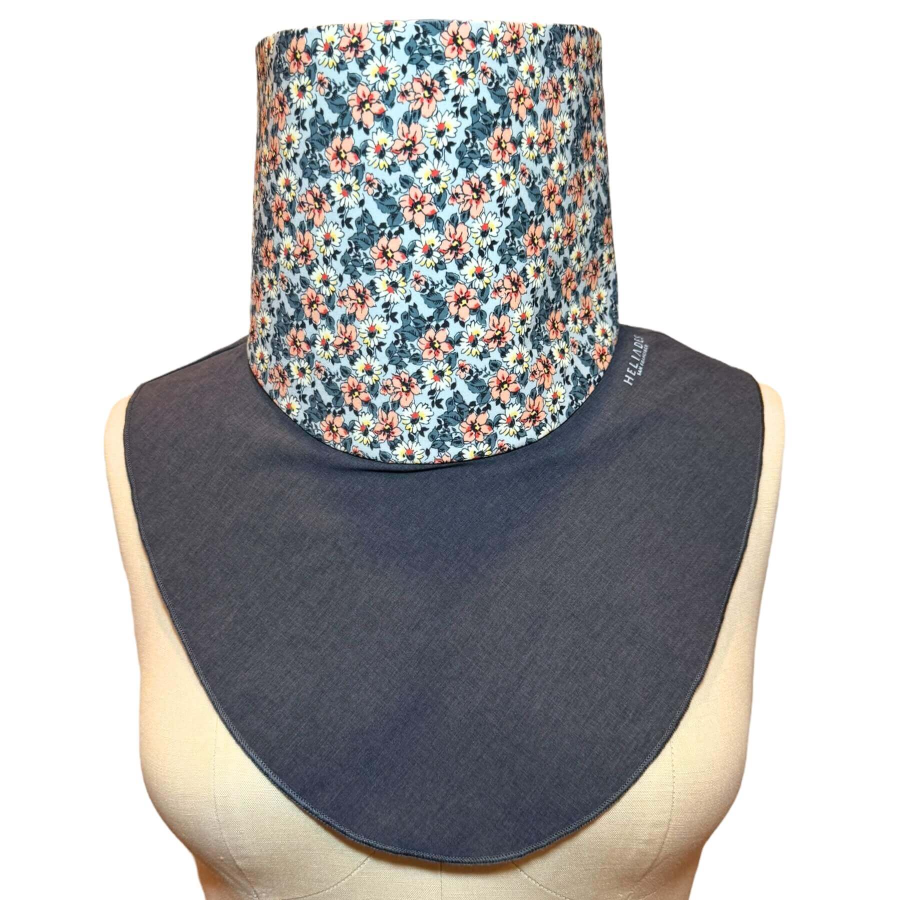 Stylish sun scarves for neck and chest UV protection - this design is charcoal gray melange with a blue, peach and white floral print