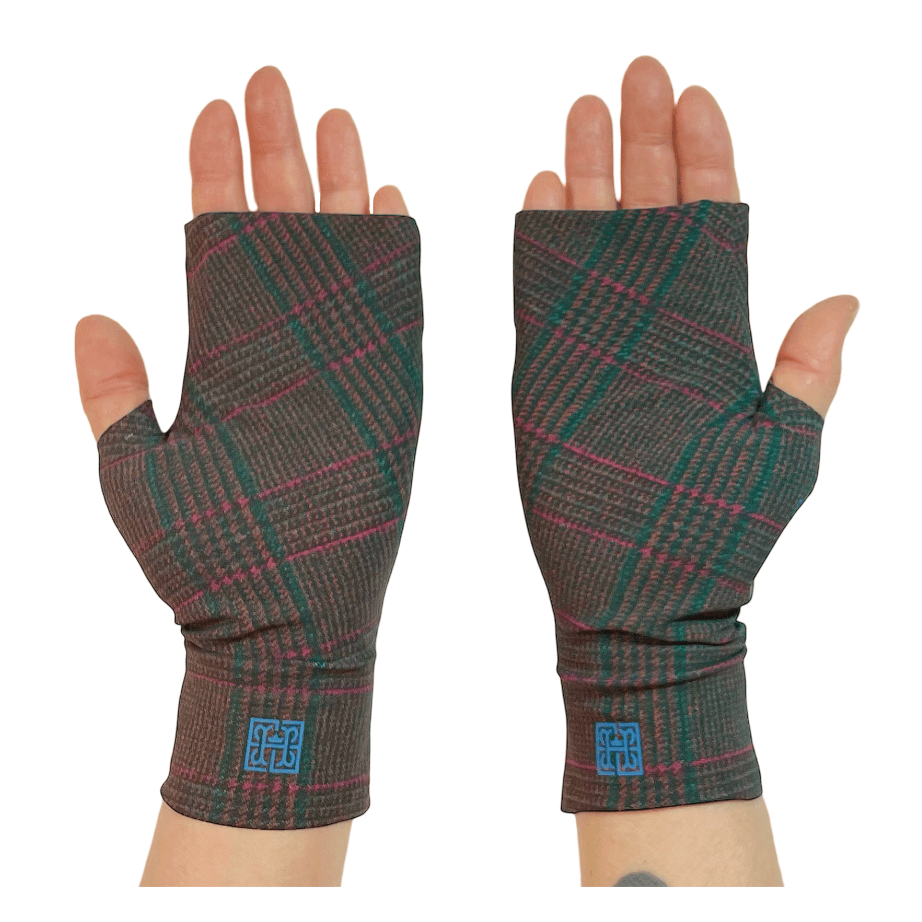 UPF Driving Gloves in stylish pink, brown, green plaid protect hands from sun exposure. Made in California 