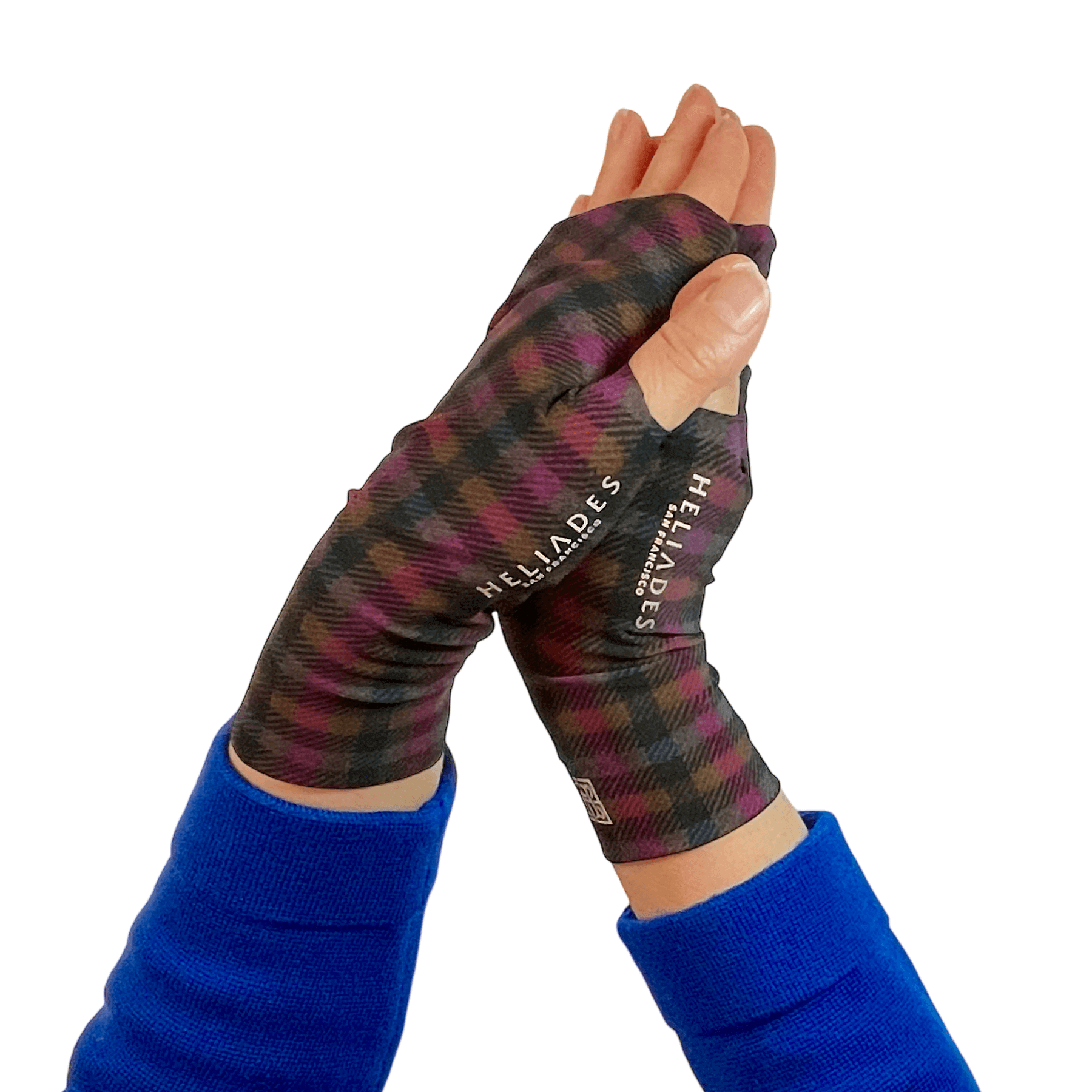 UV Gloves for driving: Fingerless, fashion UPF plaid fabric with reflective silver trim shown with royal blue sweater