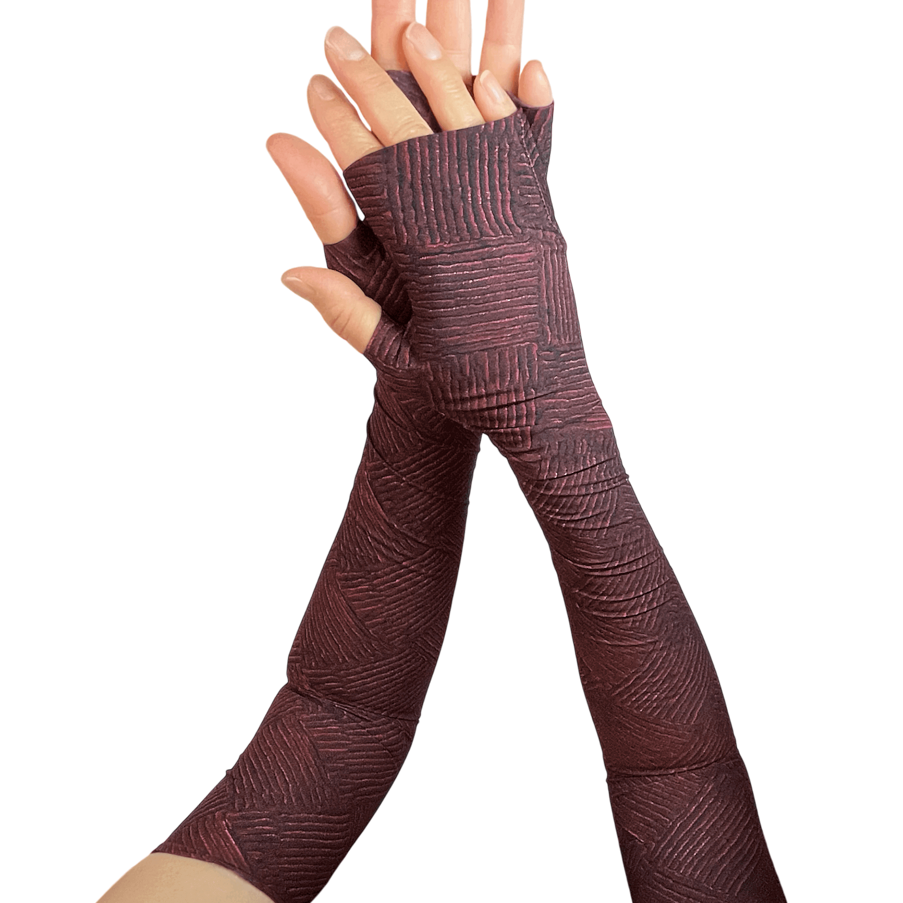 UV Sun Sleeves shown in dark red and black chenille basketweave pattern and gold trim