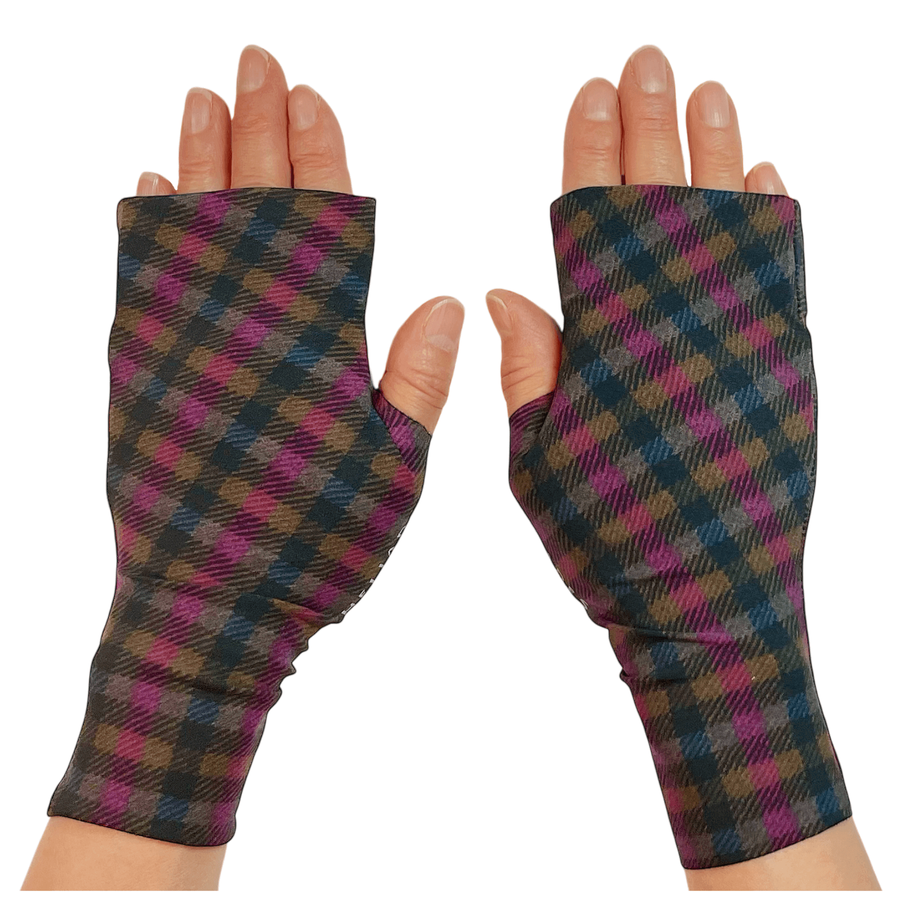 UV gloves for driving in pink, black plaid to stylishly prevent sun damaged hands. Made by hand in USA