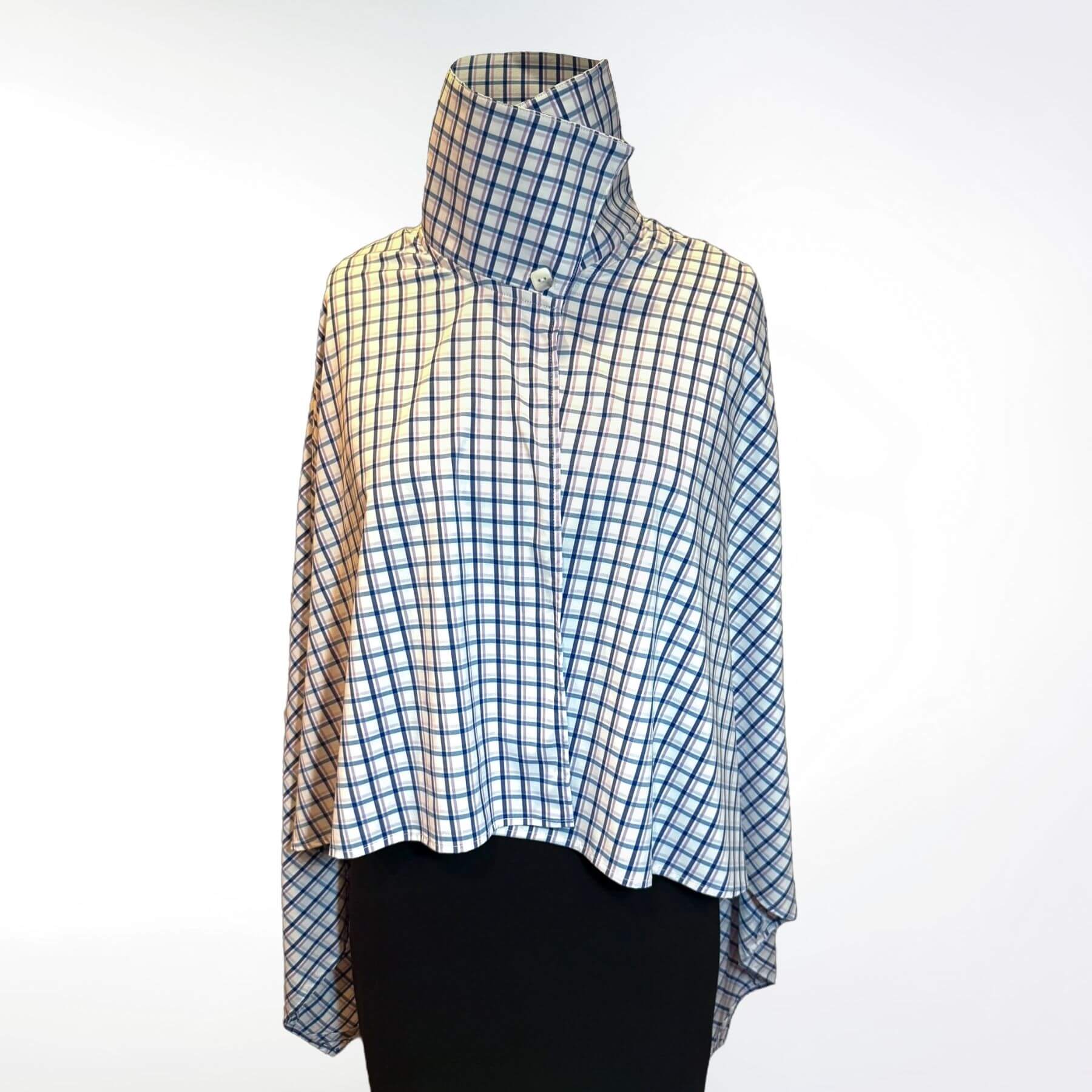 Front view of the Blue Lavender Plaid UPF Wrap with collar buttoned, made in breathable UPF 50+ plaid fabric.