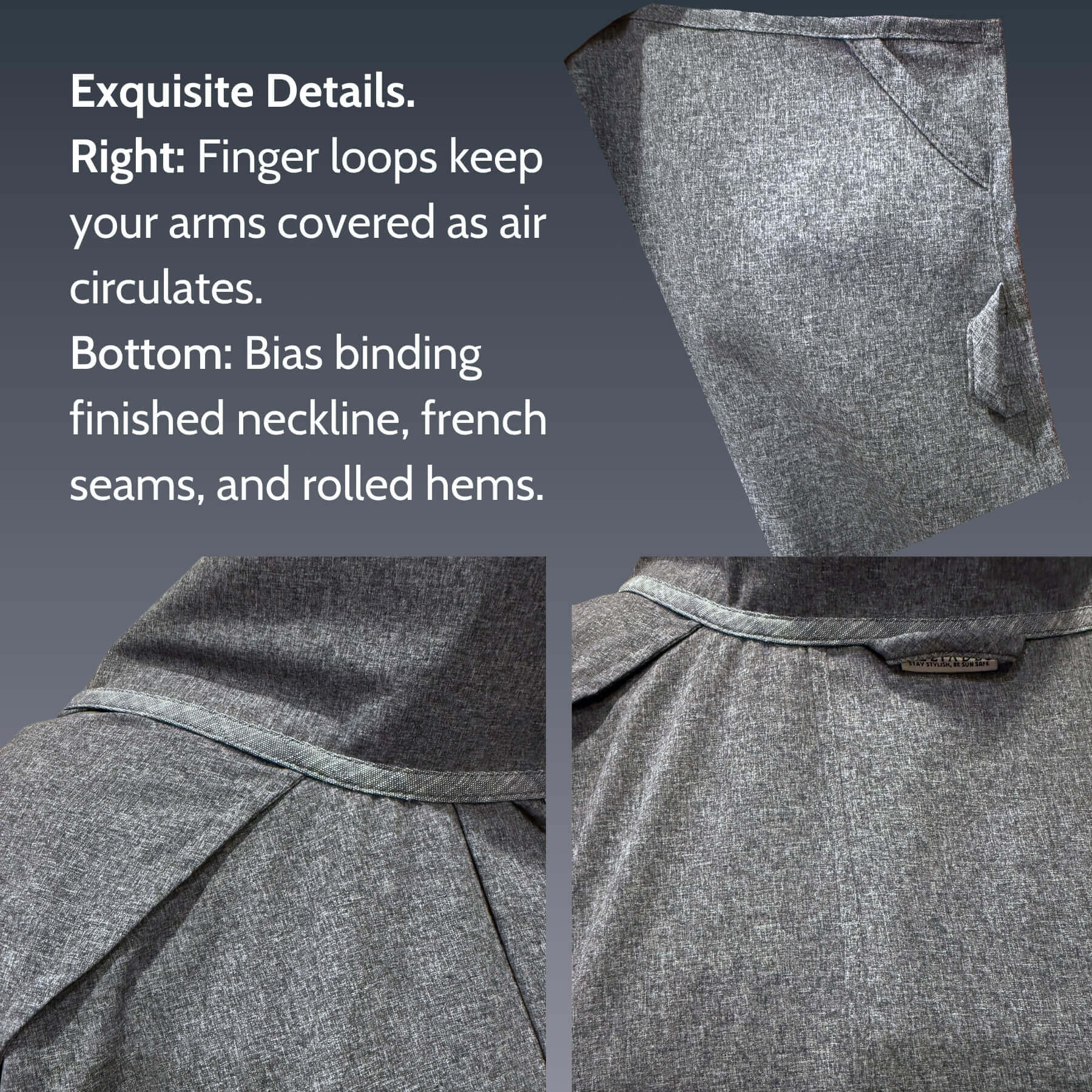 Close-up feature details of the Blue Melange Sun Wrap in UPF 50+ fabric, showing finger loops for coverage with airflow, a bias-bound neckline, French seams, and rolled hems. Image is for detail reference, not color accuracy, shown against a blue gradient background.
