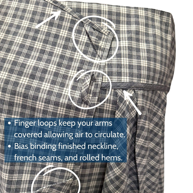 Close up of Gray Plaid UV Shoulder Wrap details including finger loops, French seams, and bias binding.