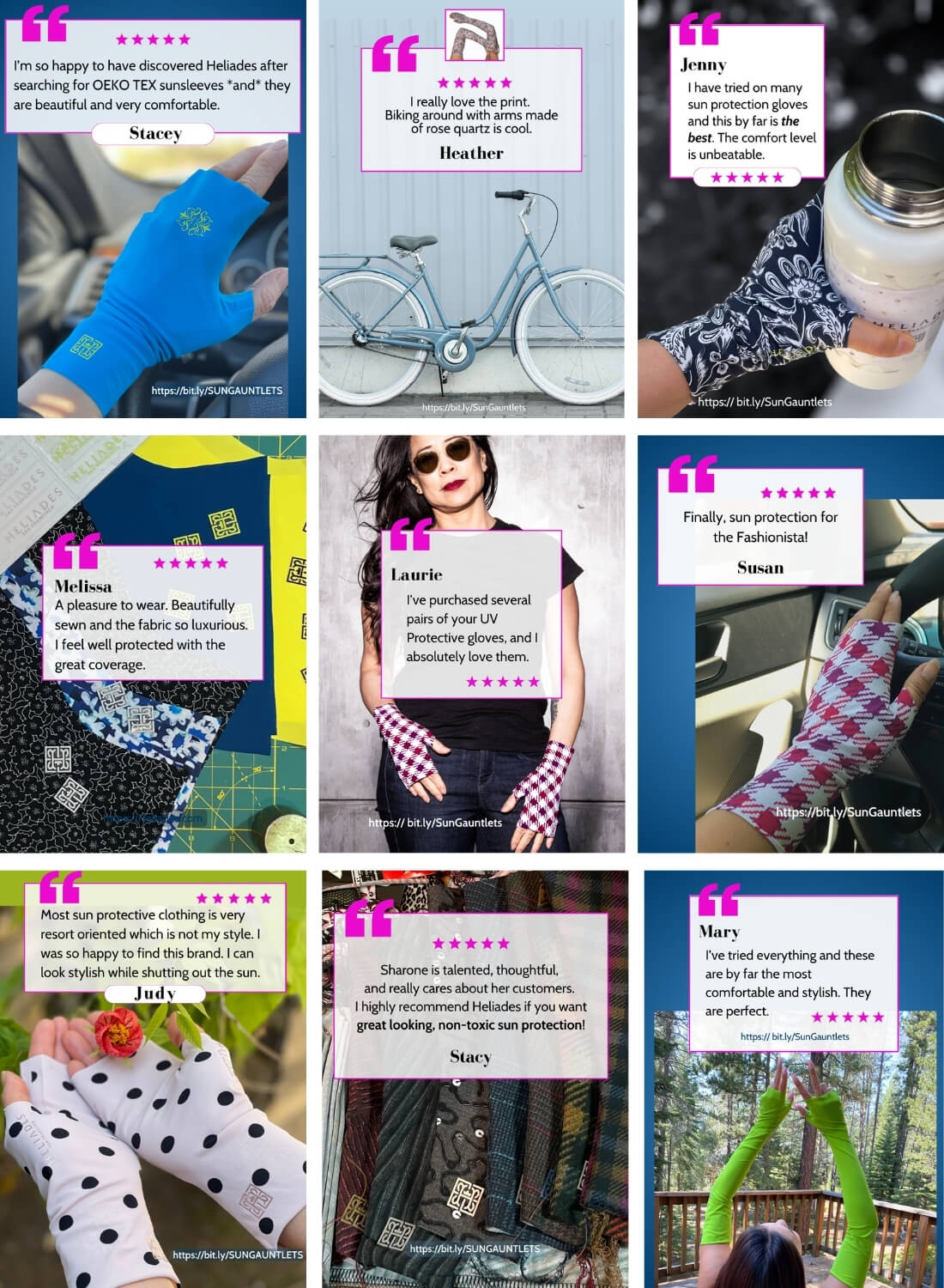 Grid of customer reviews and lifestyle photos of Heliades Sun Gauntlets UPF 50+ arm sleeves and sun gloves in a variety of colors and prints.