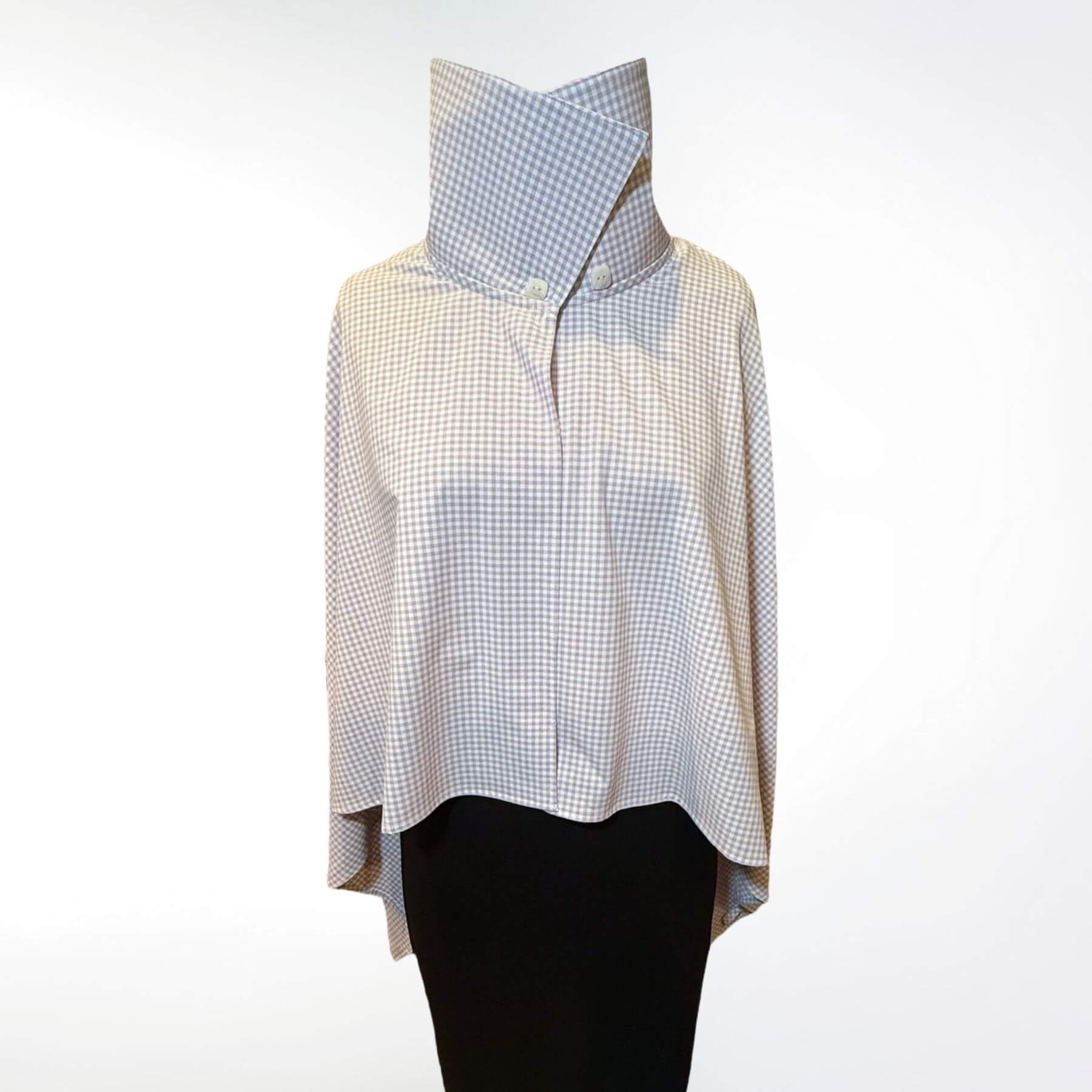 Front view of the Lavender Check Sun Protection Shoulder Wrap shown buttoned at the collar, lightweight UPF 50+ fabric in playful plaid design.